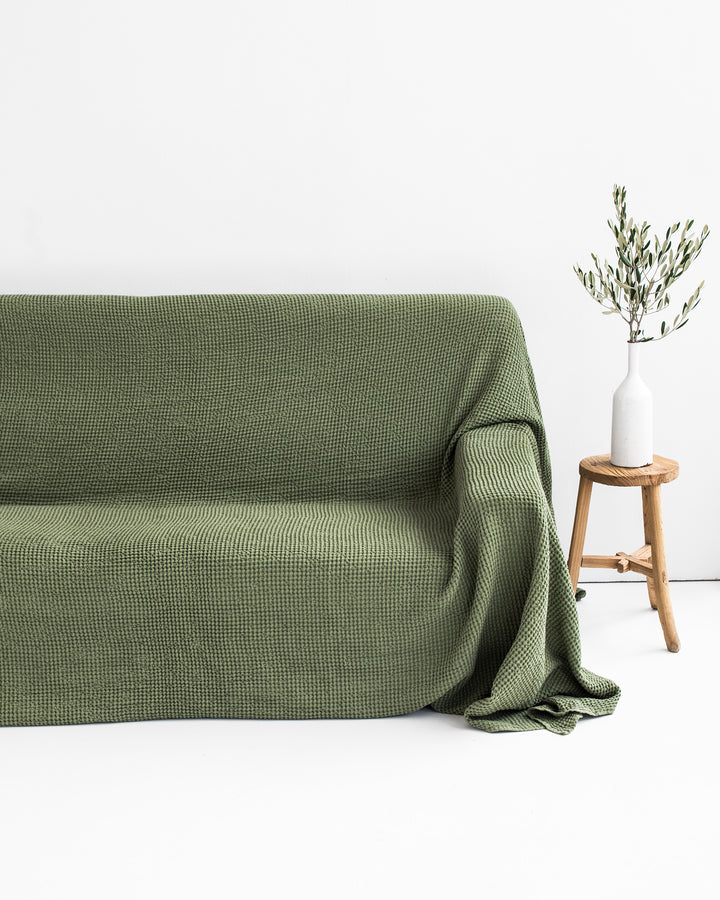 Waffle linen couch cover in Forest green - MagicLinen
