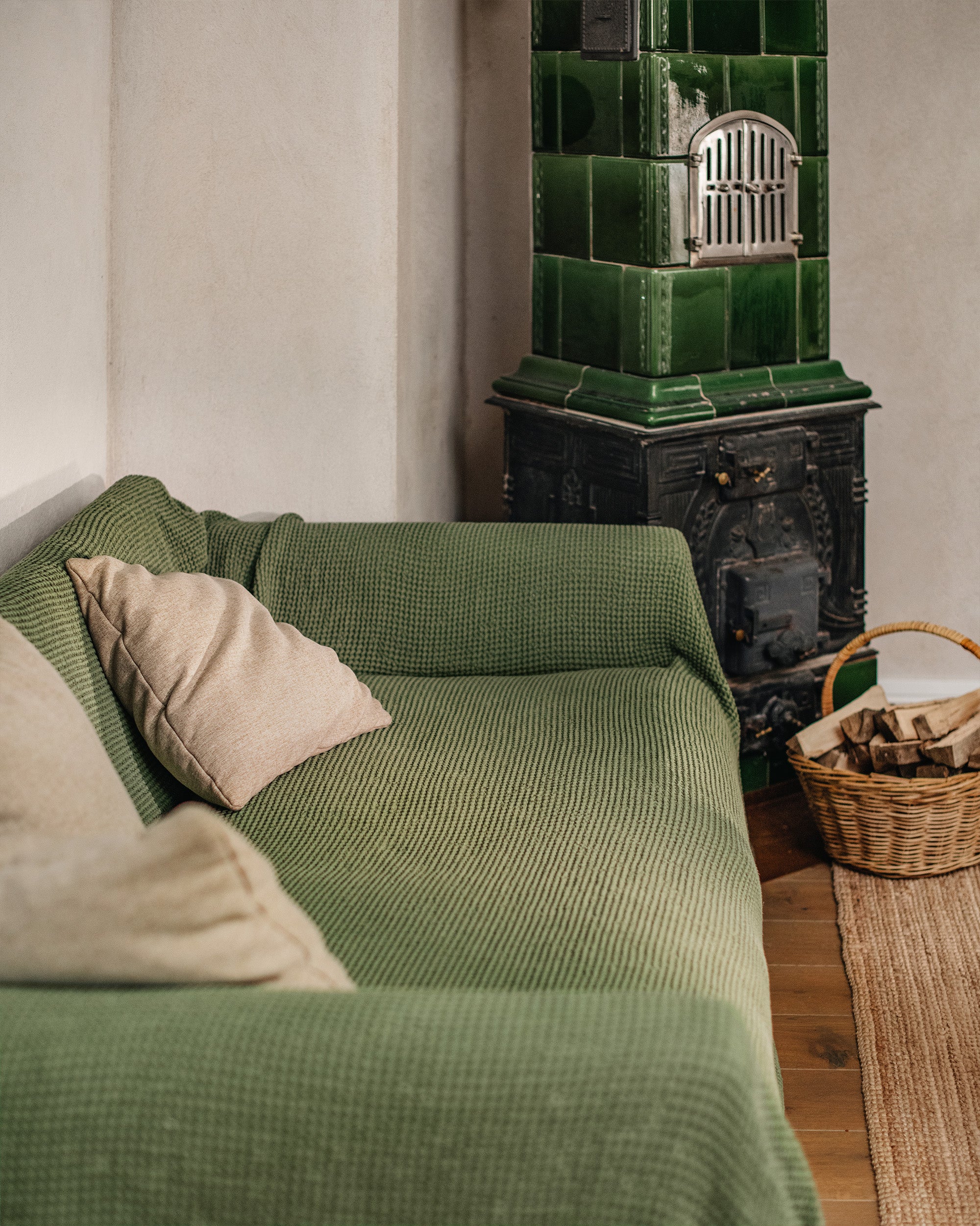 Waffle Linen Couch Cover in Forest Green | MagicLinen