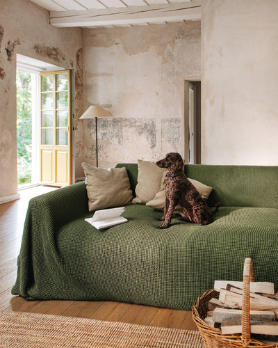 Waffle linen couch cover in Forest green - MagicLinen