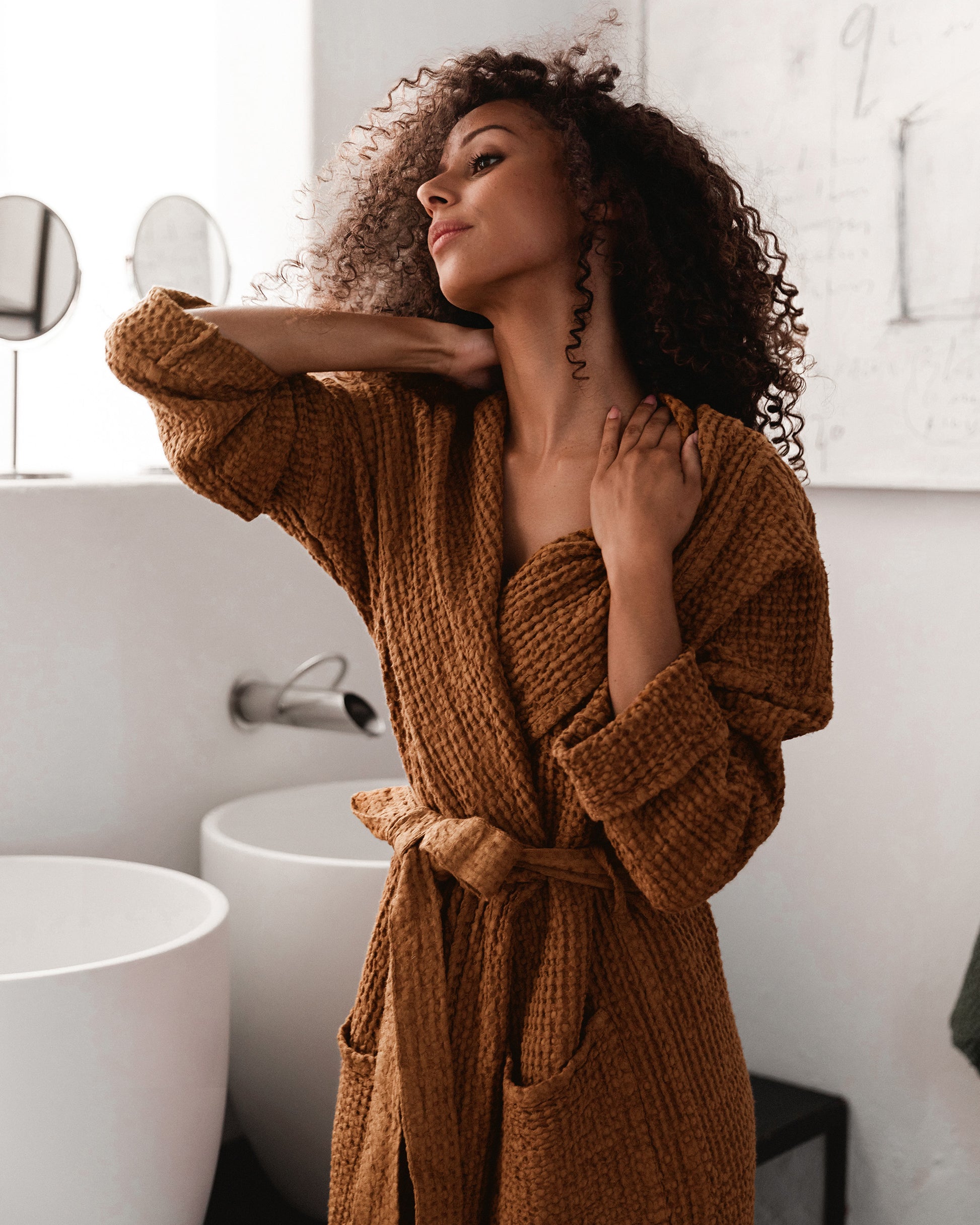 Women's waffle robe in Cinnamon - MagicLinen