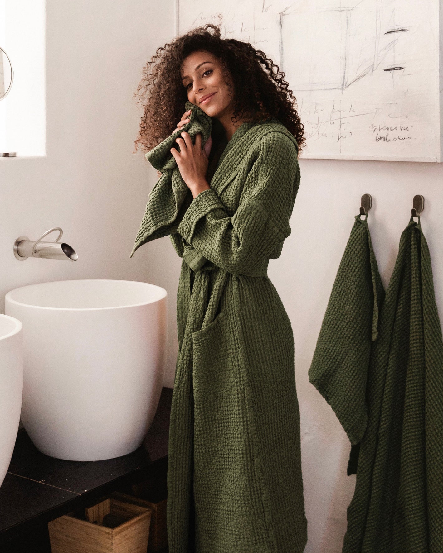 Women's waffle robe in Forest green - MagicLinen