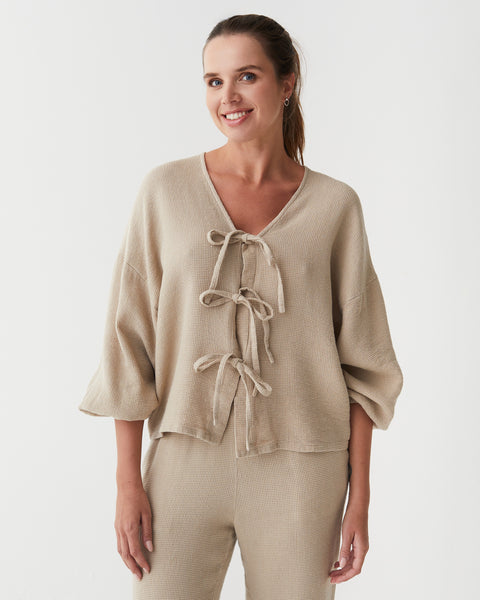 Tie-Front waffle top ELORA in Natural | MagicLinen