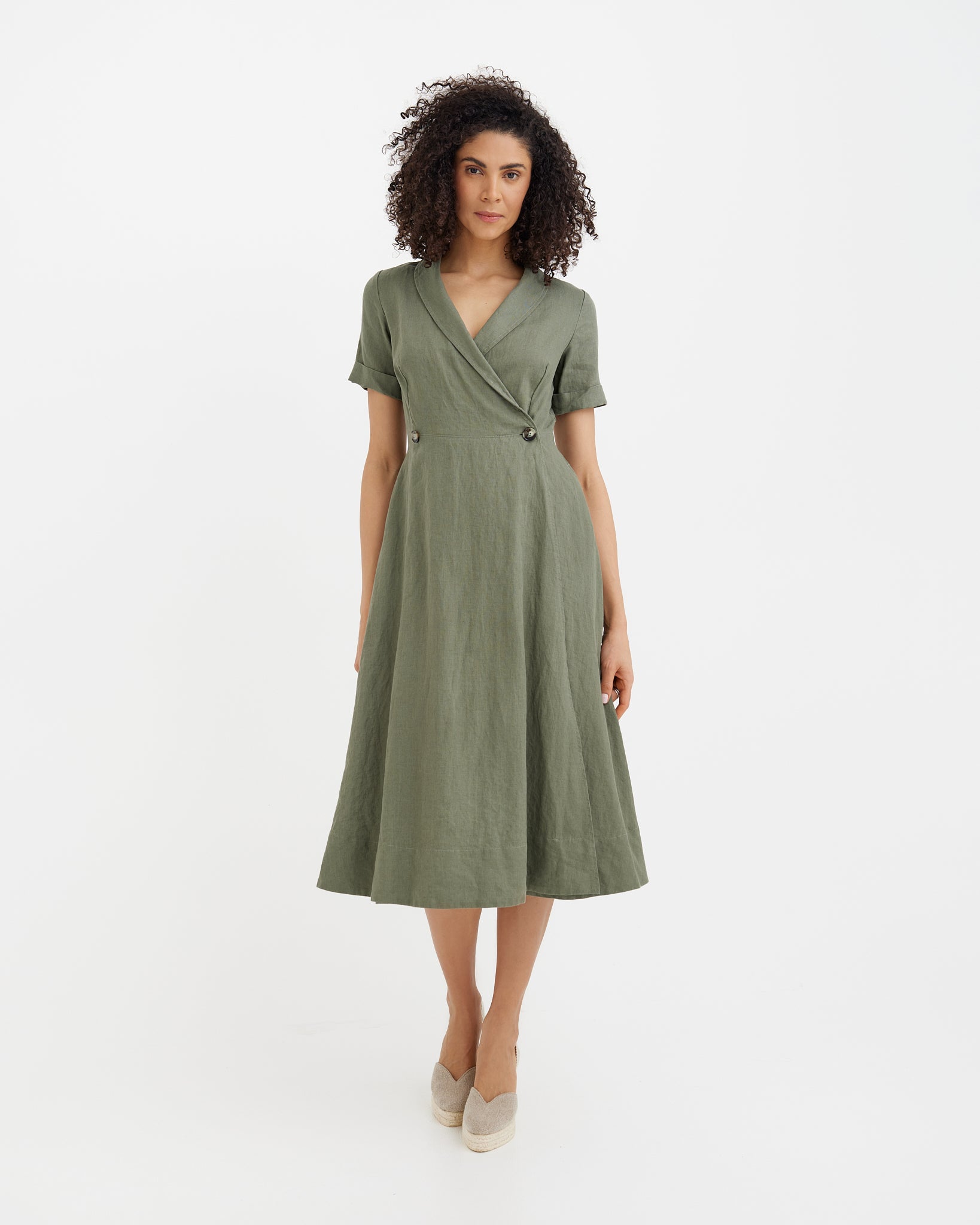 MagicLinen Mist Green Wrapped Linen Dress PARIS, 100% European flax linen modelBoxOn