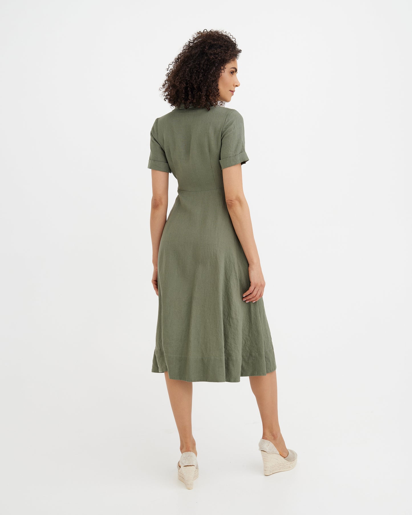 MagicLinen Mist Green wrap dress, mid-calf to ankle length