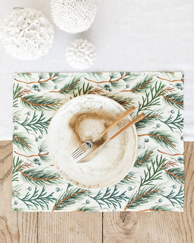 White & winter print linen placemat set of 2