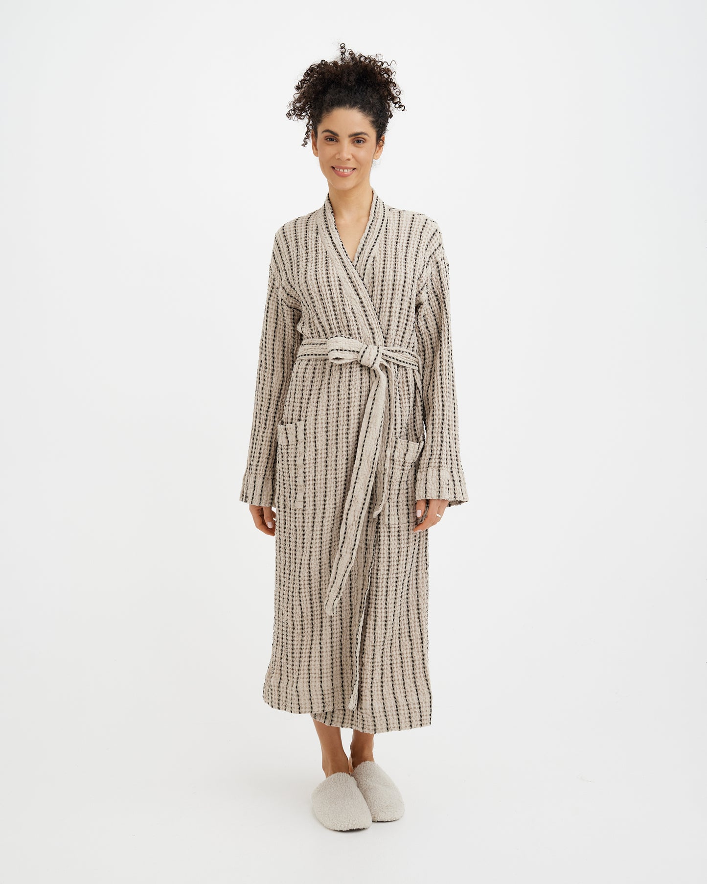 Women's waffle robe in Thin striped