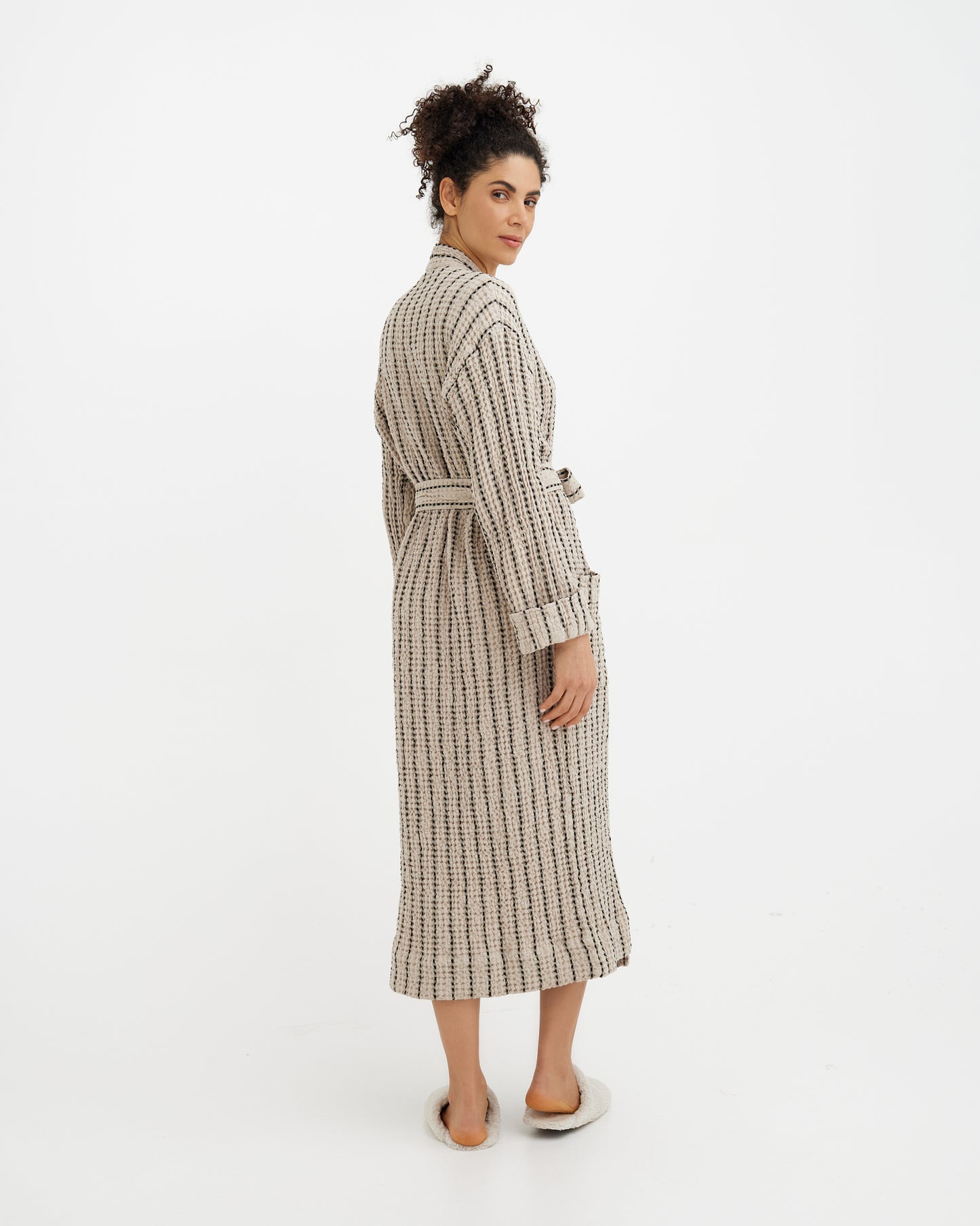 Women's waffle robe in Thin striped
