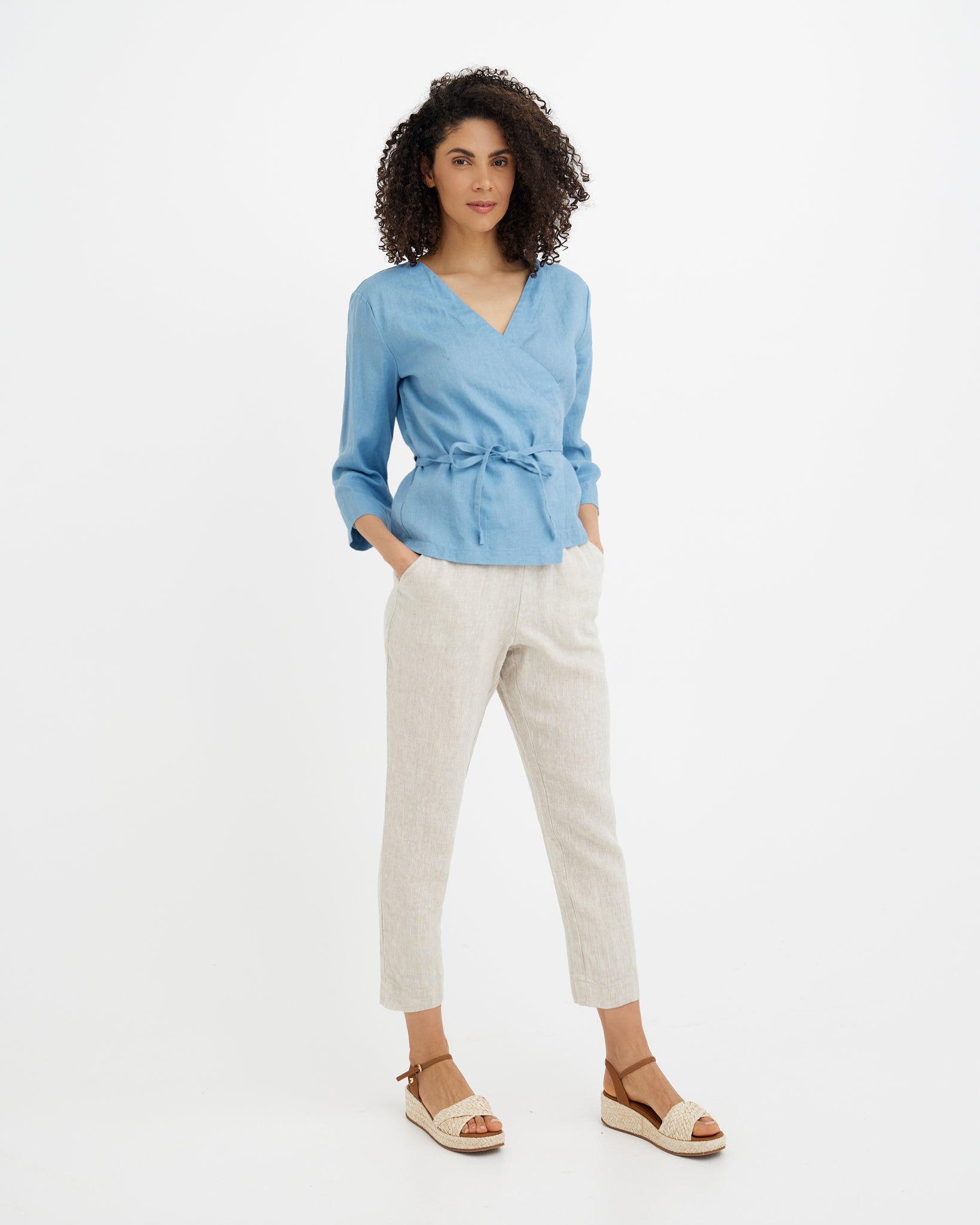 MagicLinen Soft blue HURON linen wrap top with true-to-size fitted silhouette  

