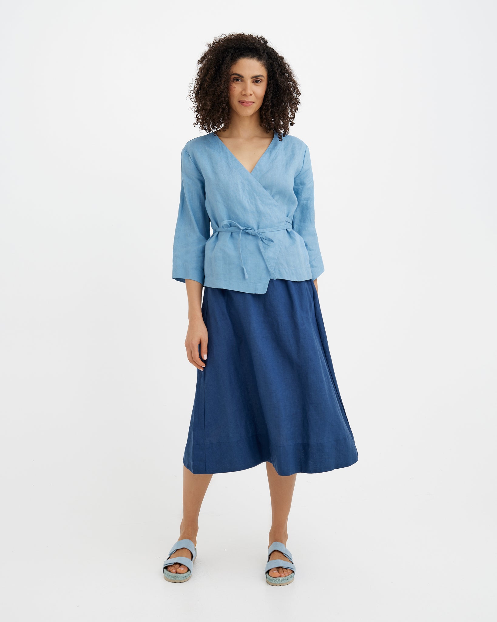 MagicLinen Soft blue women’s linen wrap blouse with adjustable side ties  
