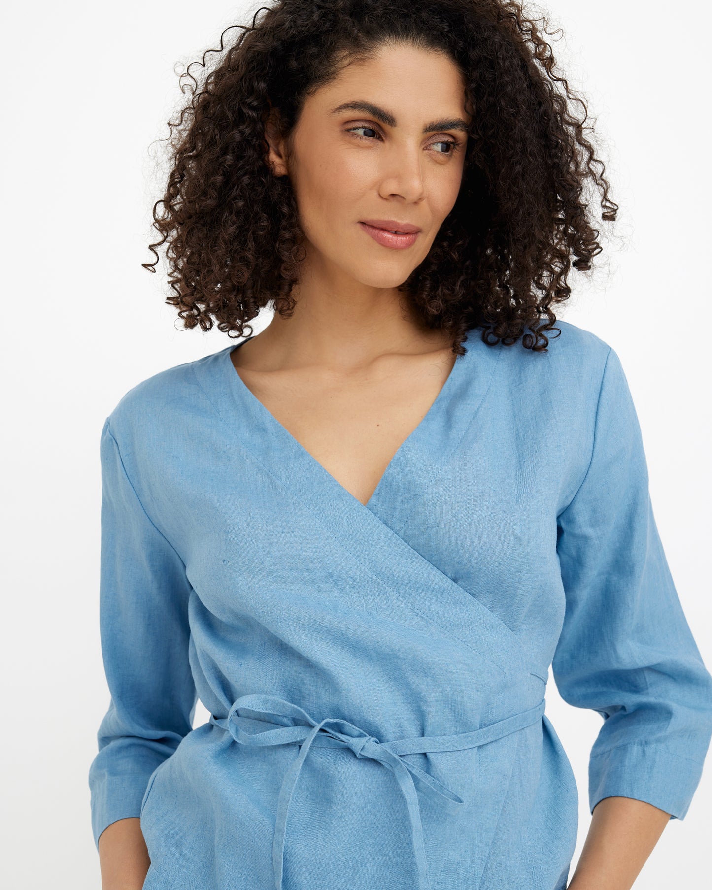 MagicLinen Soft blue Wrap Linen Top HURON with V-neckline and short sleeves  
