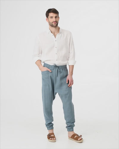 Tapered drop crotch men's linen pants CURACAO in Gray blue - MagicLinen