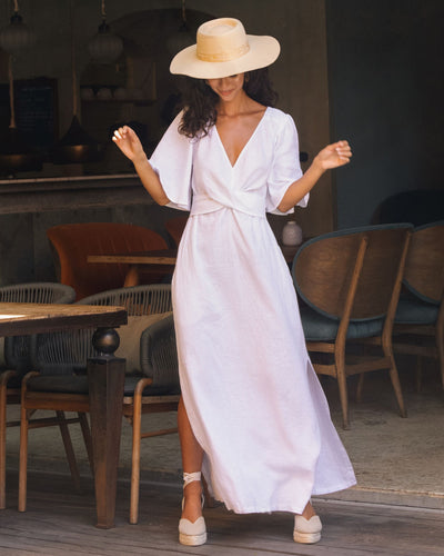 Maxi linen dress AGRA in White - MagicLinen modelBoxOn2