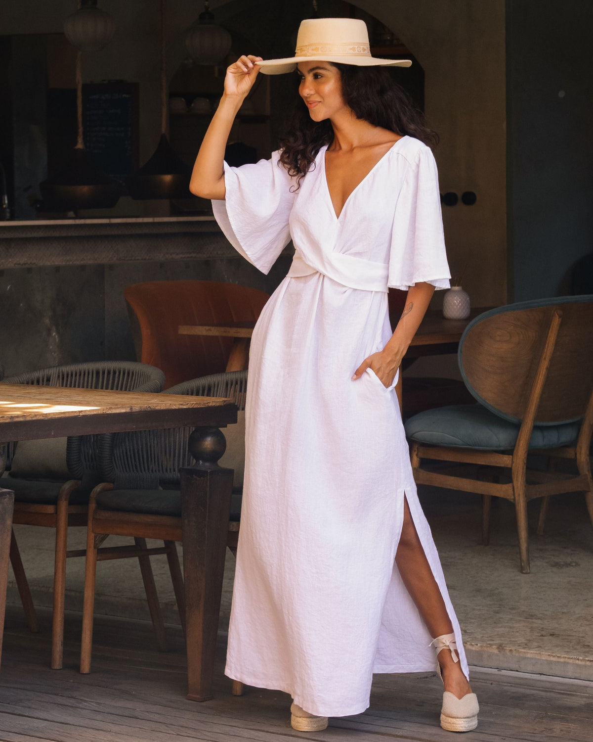 white linen dress amazon Maxi AGRA in CAMILLA | Gown with Three-Quarter Sleeves Colour:Dusty Blue 100% cotton Cold gentle