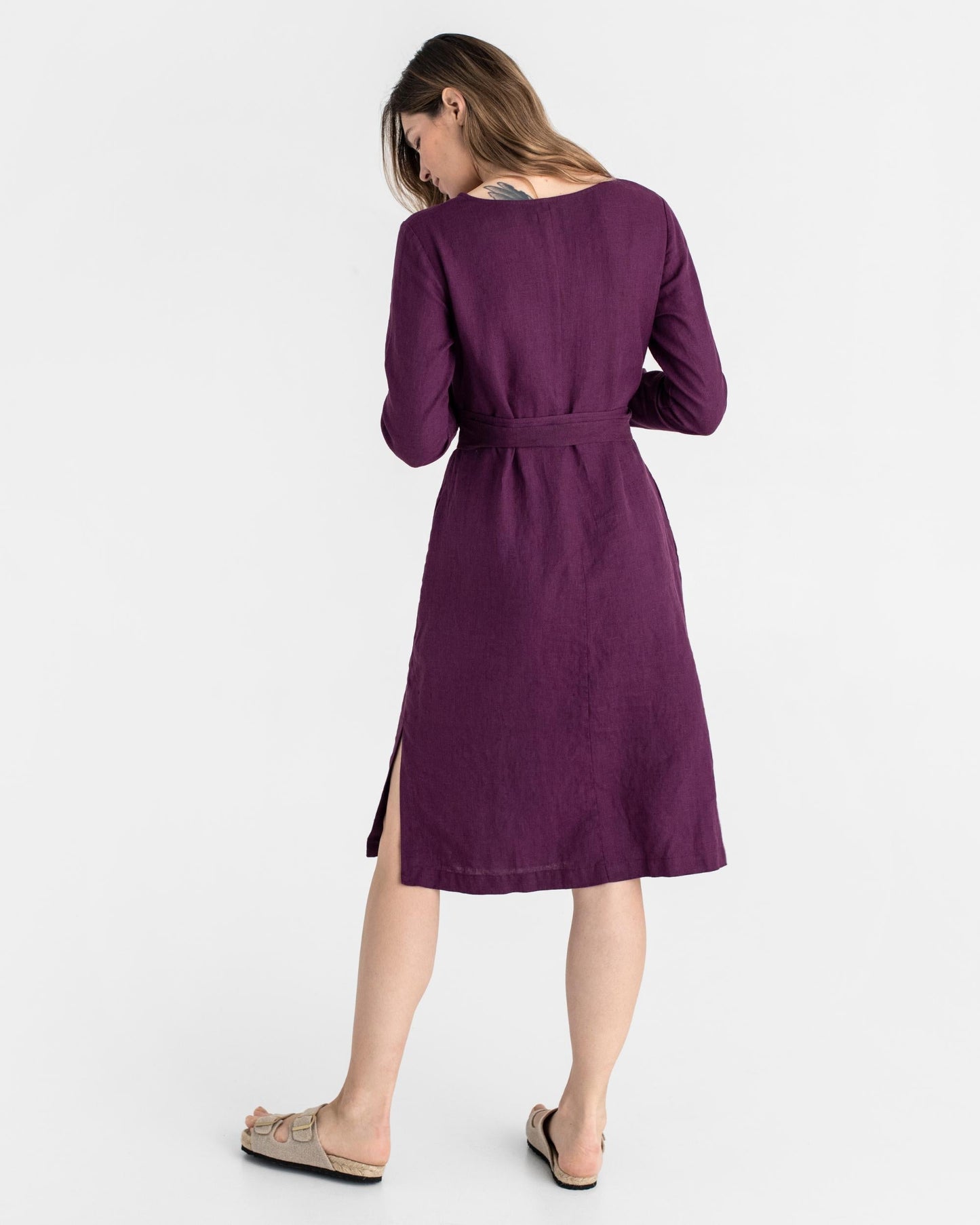 Long sleeve linen wrap dress BIEI in Royal purple - MagicLinen