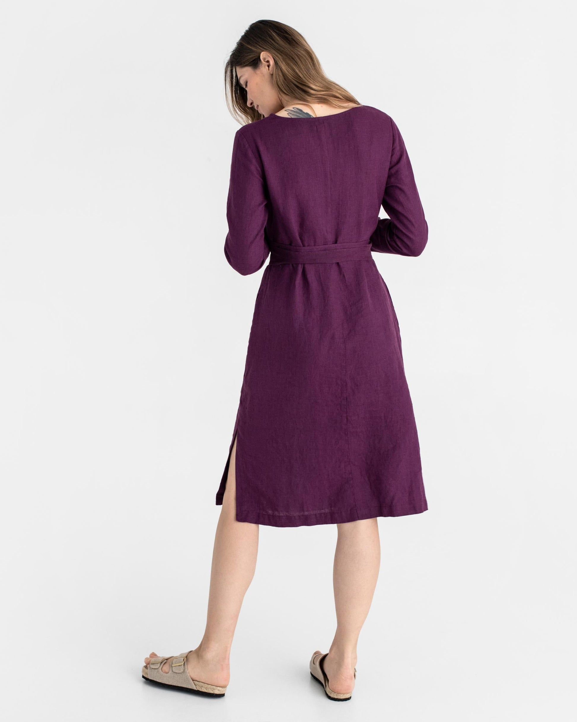 Long sleeve linen wrap dress BIEI in Royal purple | MagicLinen Long sleeve linen wrap dress BIEI in Royal purple | MagicLinen