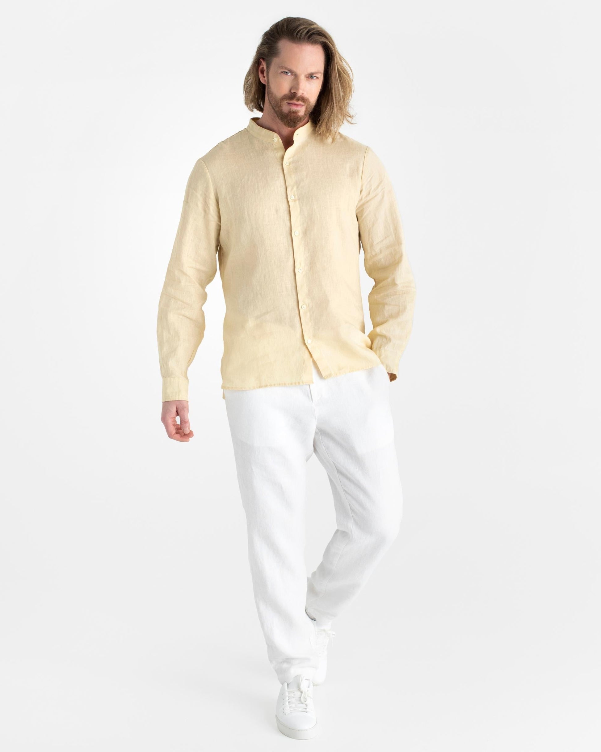 Men's linen band collar shirt BONAIRE in Cream - MagicLinen modelBoxOn