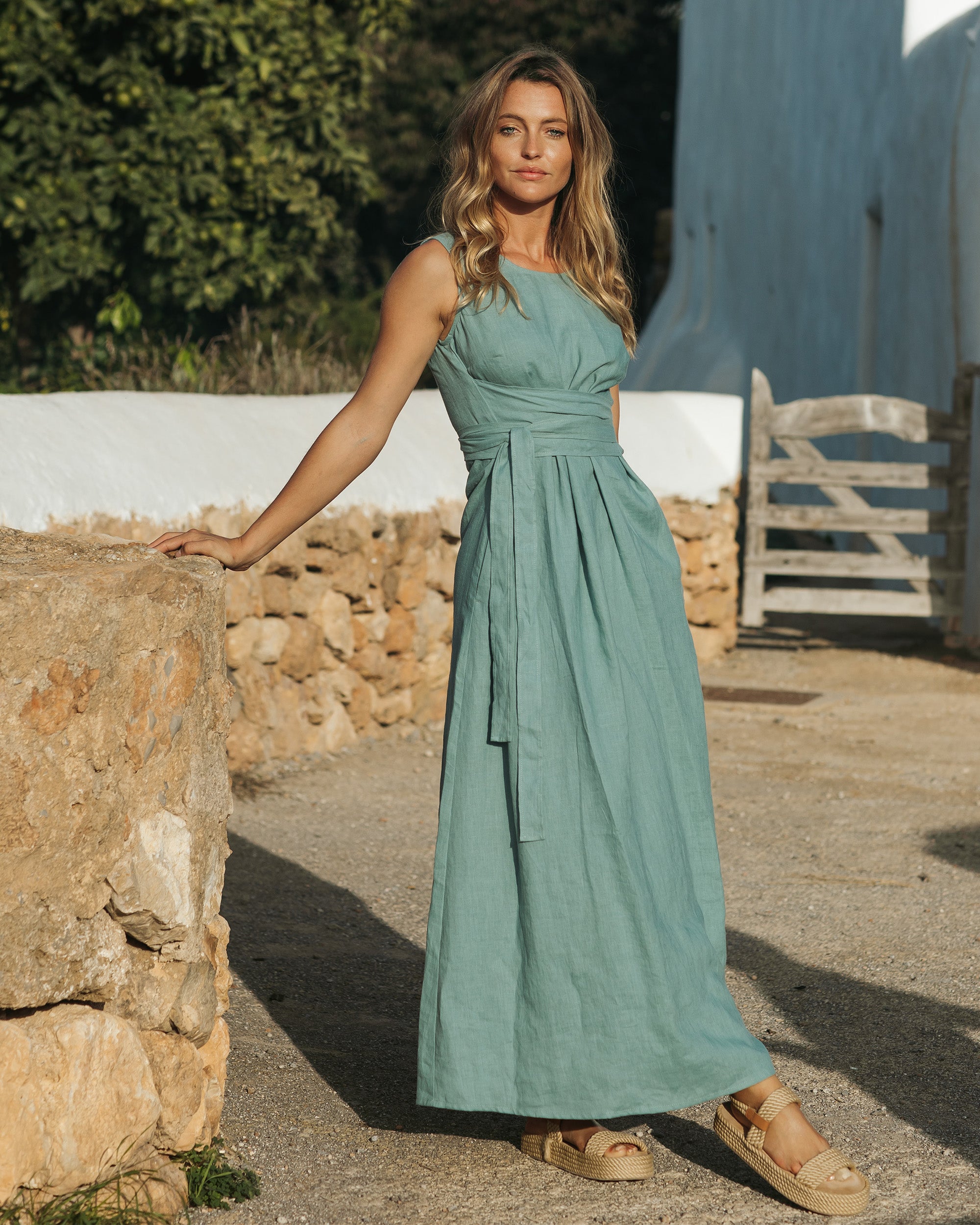 Long Linen Dress BORACAY in Teal blue