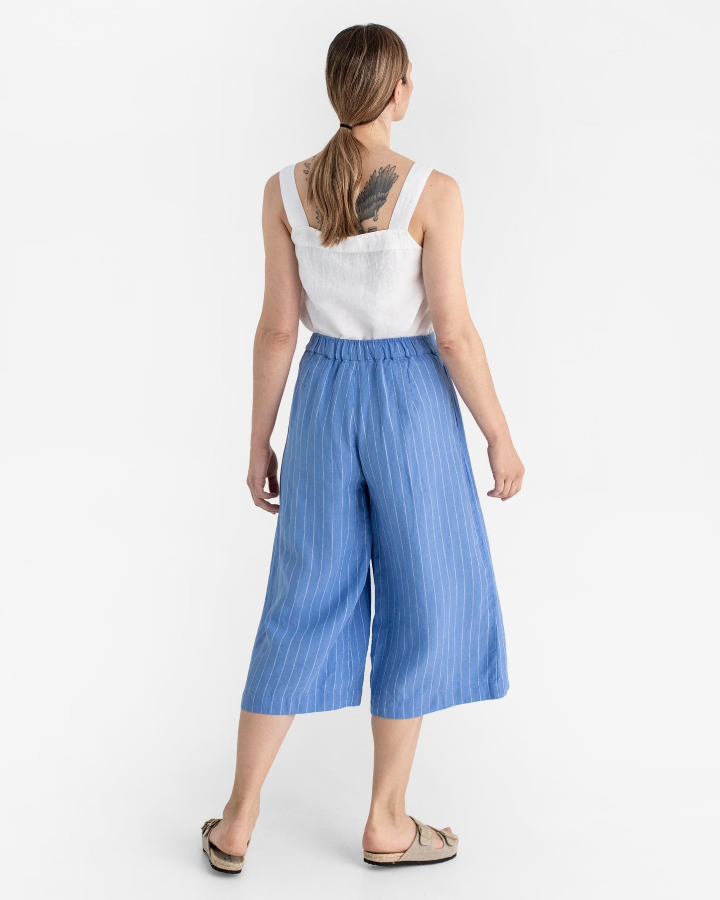 Linen culotte pants BUSAN in Blue stripes - MagicLinen