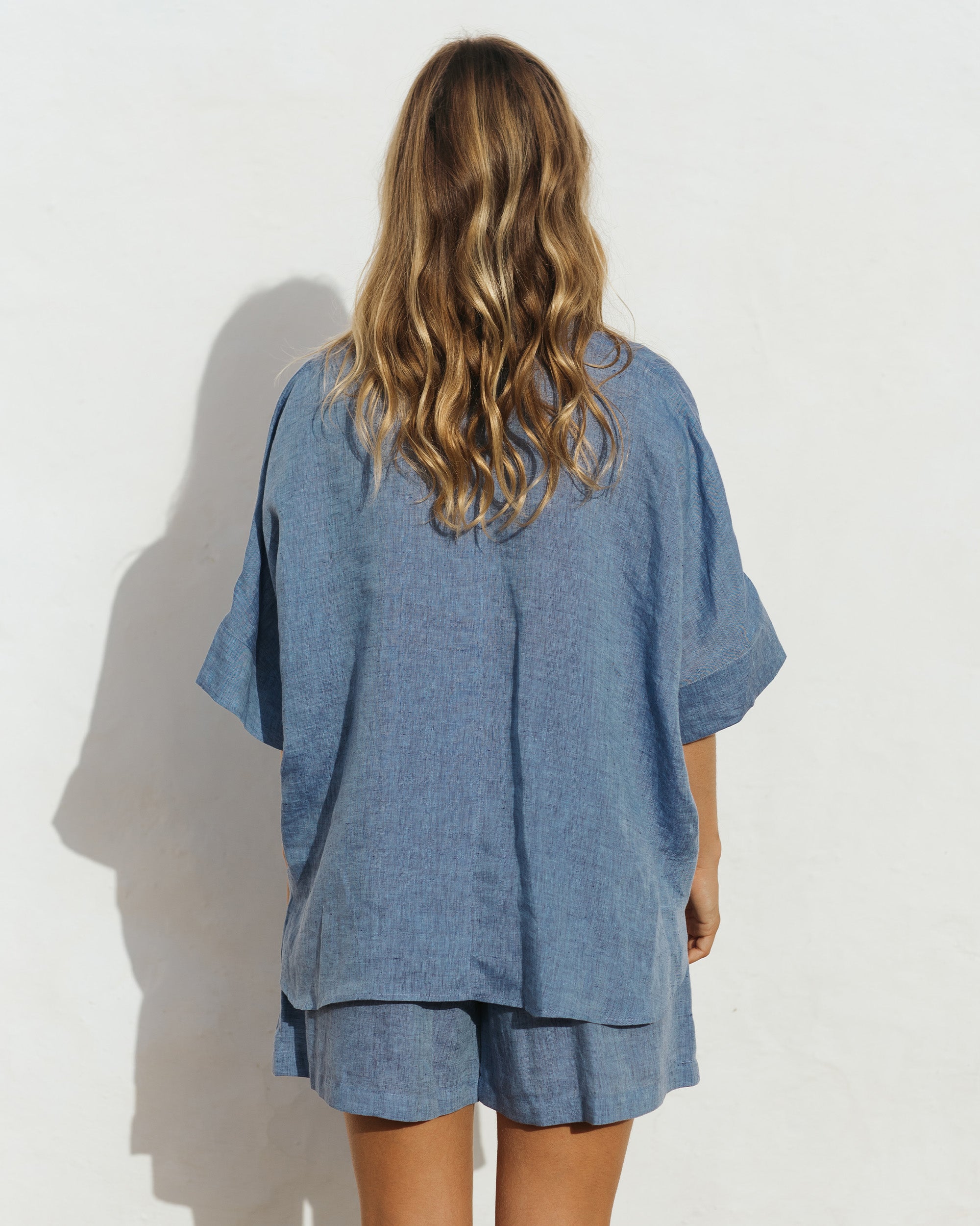 High Waisted Linen Shorts CUENCA in Denim Chambray | MagicLinen