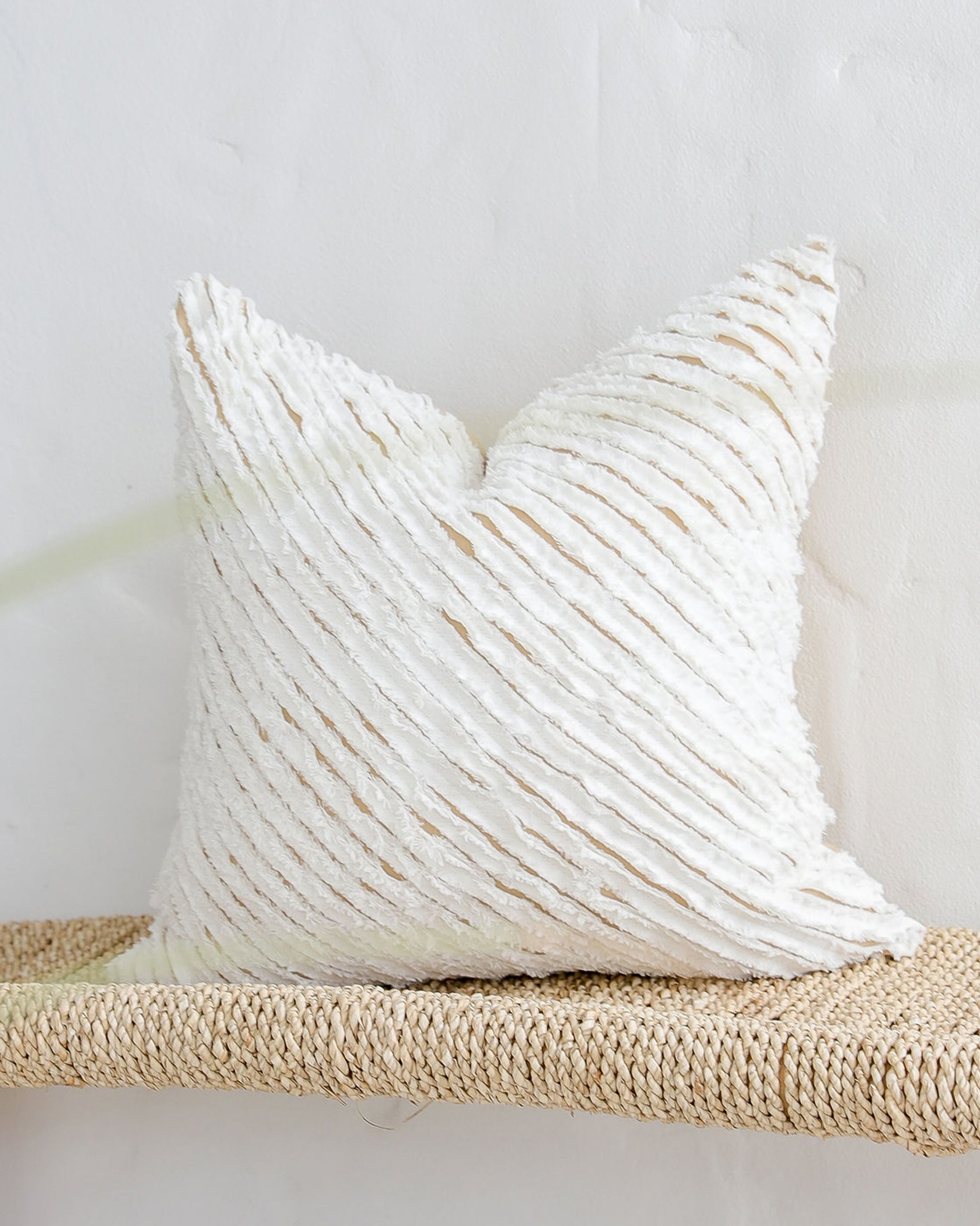 Decorative linen pillow cover with striped fabric in White & Sandy beige - MagicLinen