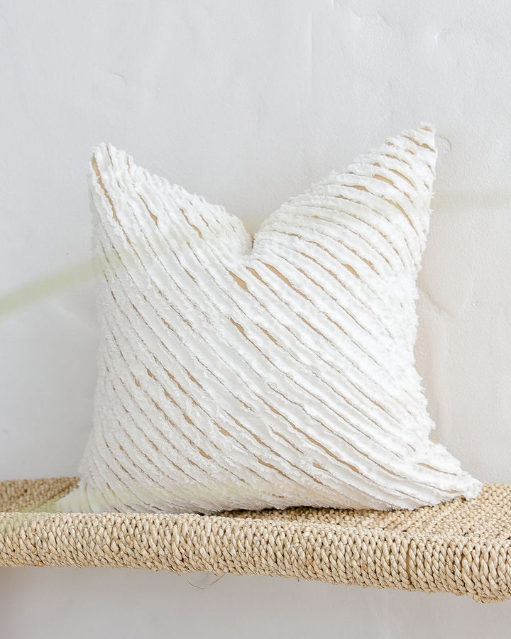 Decorative linen pillow cover with striped fabric in White & Sandy beige - MagicLinen