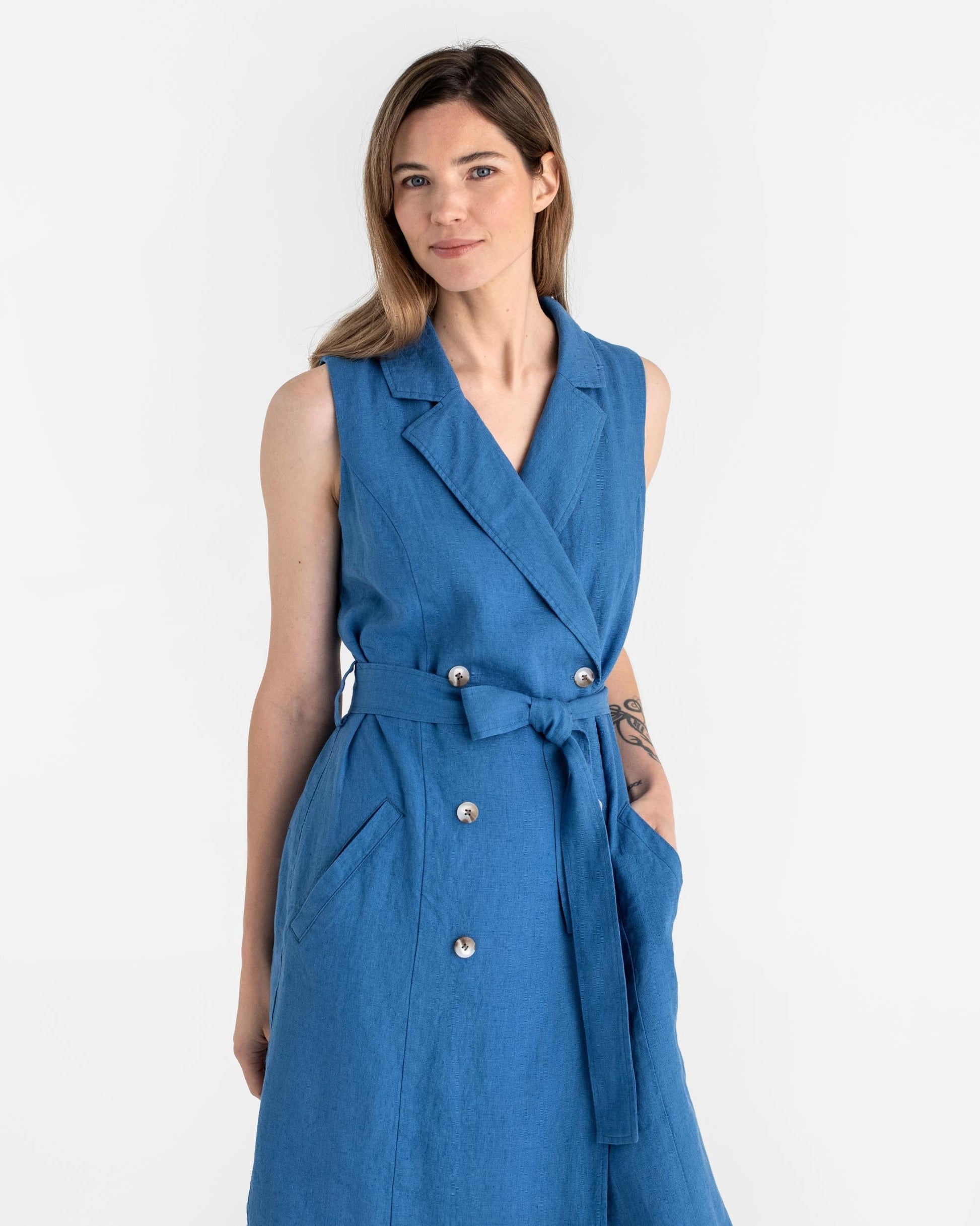 Trench linen dress LISBON in Cobalt blue - MagicLinen