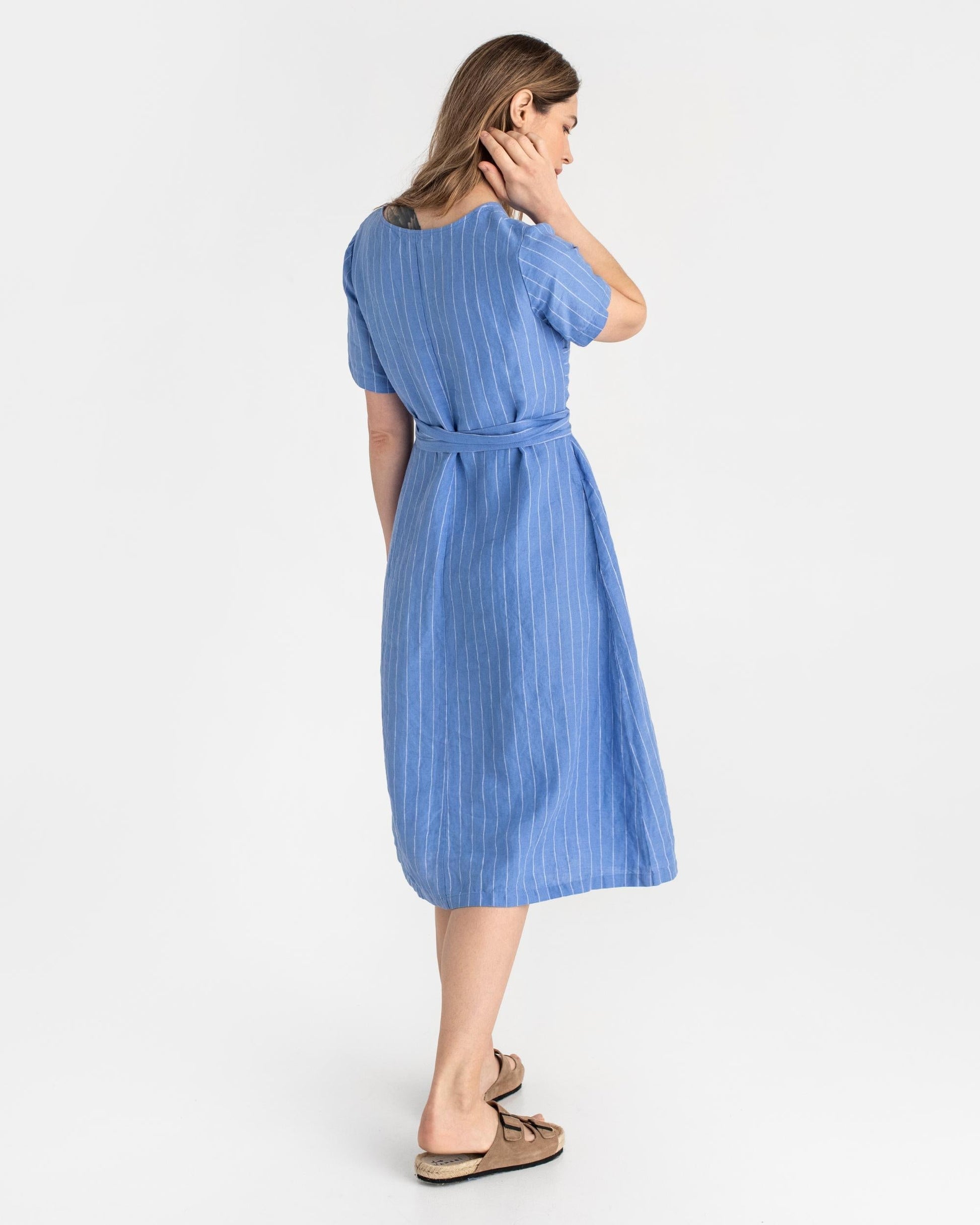 Midi wrap linen dress MANILA in Blue stripes - MagicLinen