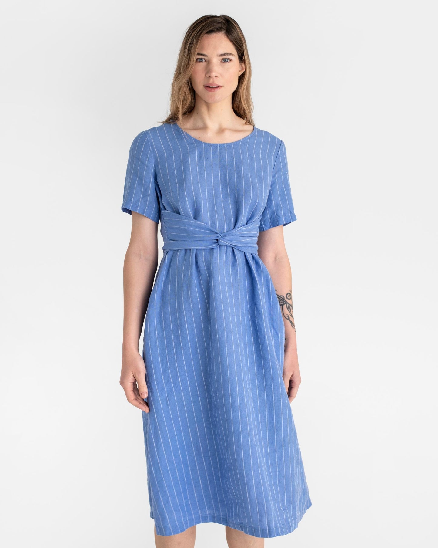 Midi wrap linen dress MANILA in Blue stripes | MagicLinen