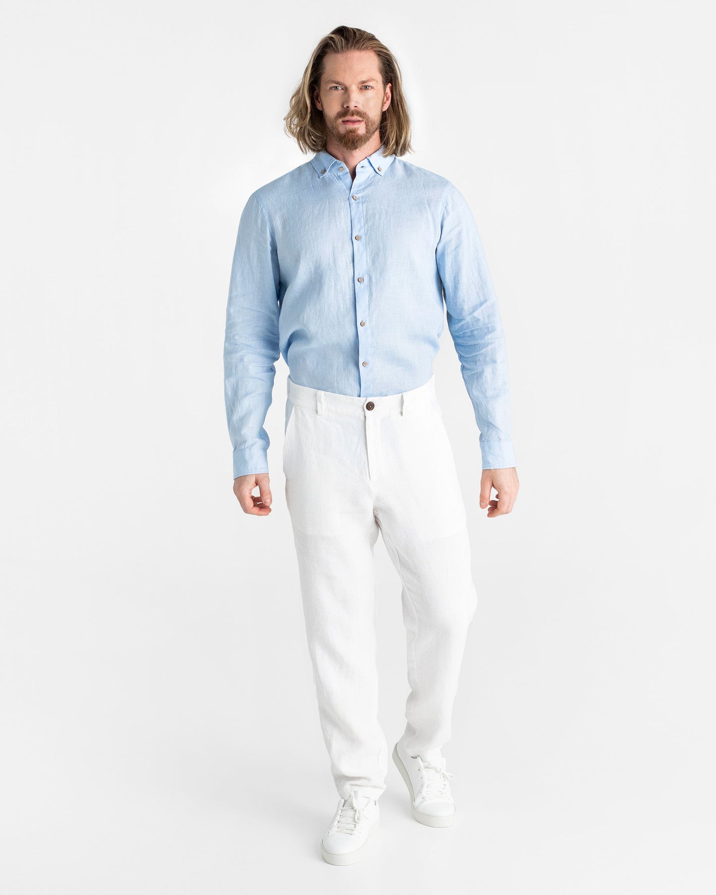 Heavyweight men's linen pants MORCOTE in White - MagicLinen modelBoxOn