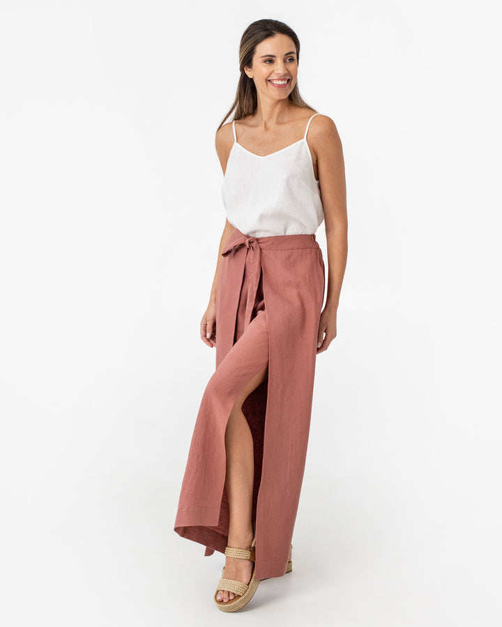 Slit wrap linen pants NASSAU in Clay pink - MagicLinen