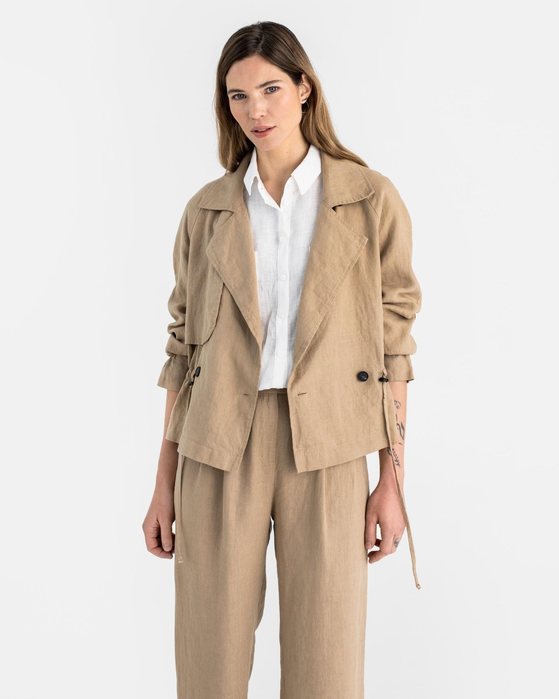 Cropped linen trench coat OBAN in Wheat - MagicLinen
