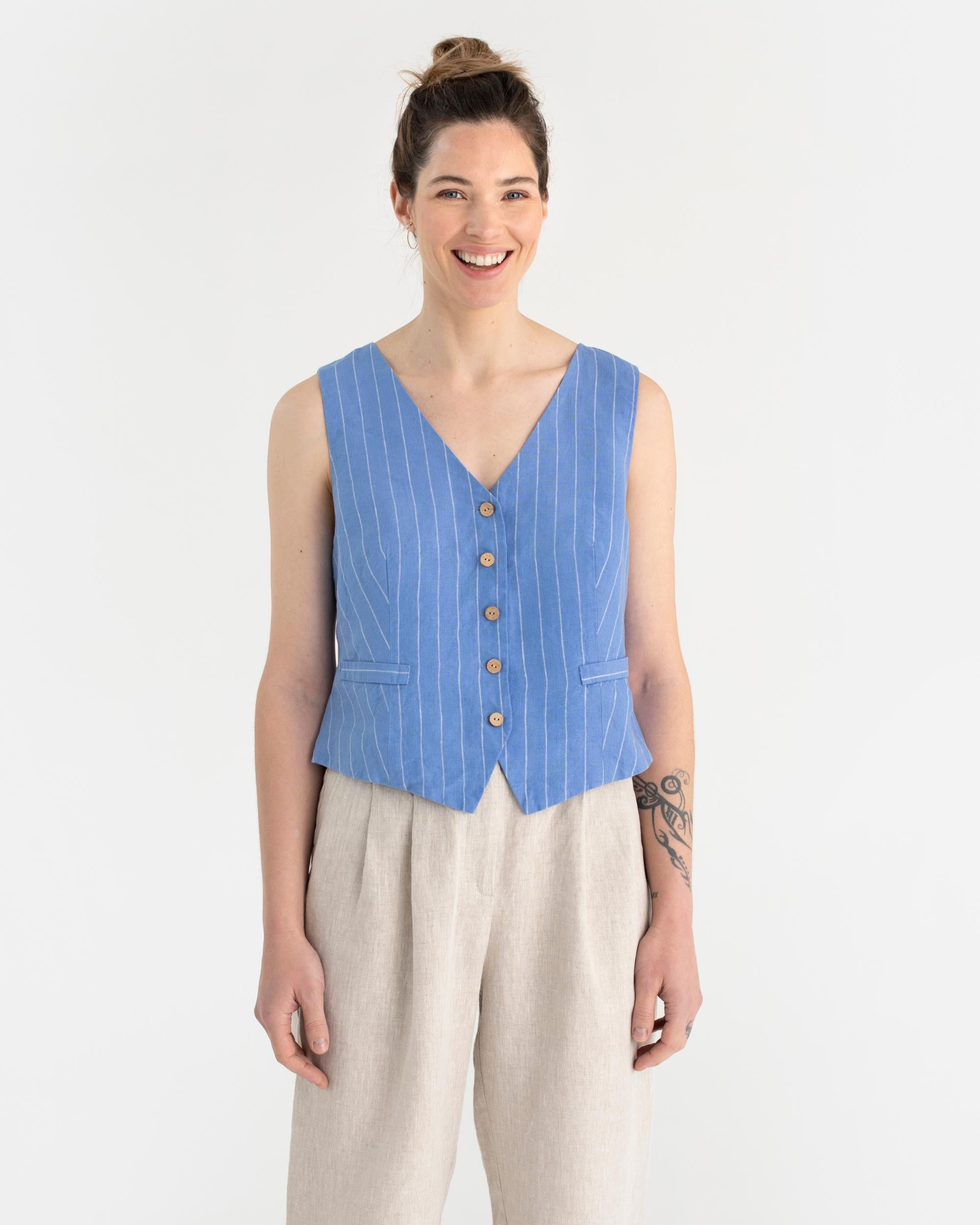 A New Day Women XL Tailored Suit Vest Top Cream Tan Black Stripe Linen  Blend NWT