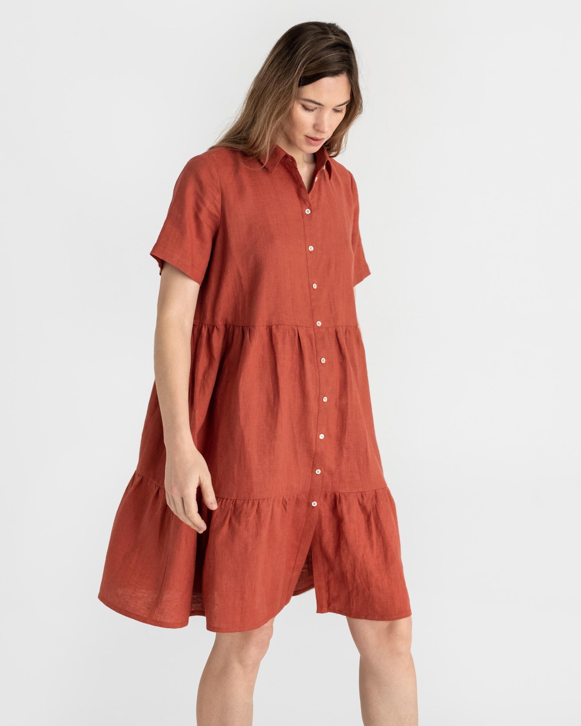 Tiered linen dress PETRA in Clay - MagicLinen