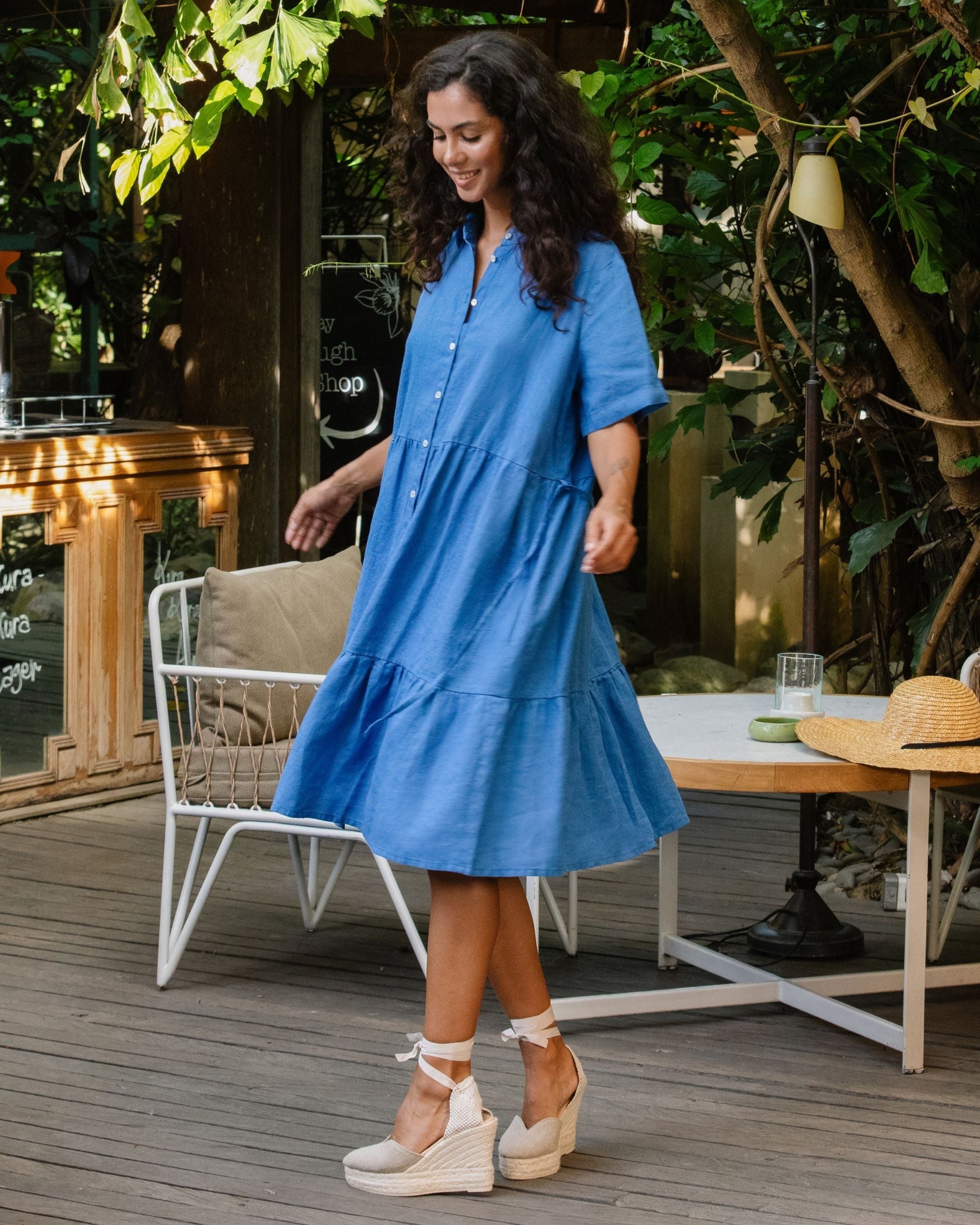 Tiered linen dress PETRA in Cobalt blue | MagicLinen XL Tiered linen dress PETRA in Cobalt blue | MagicLinen XL