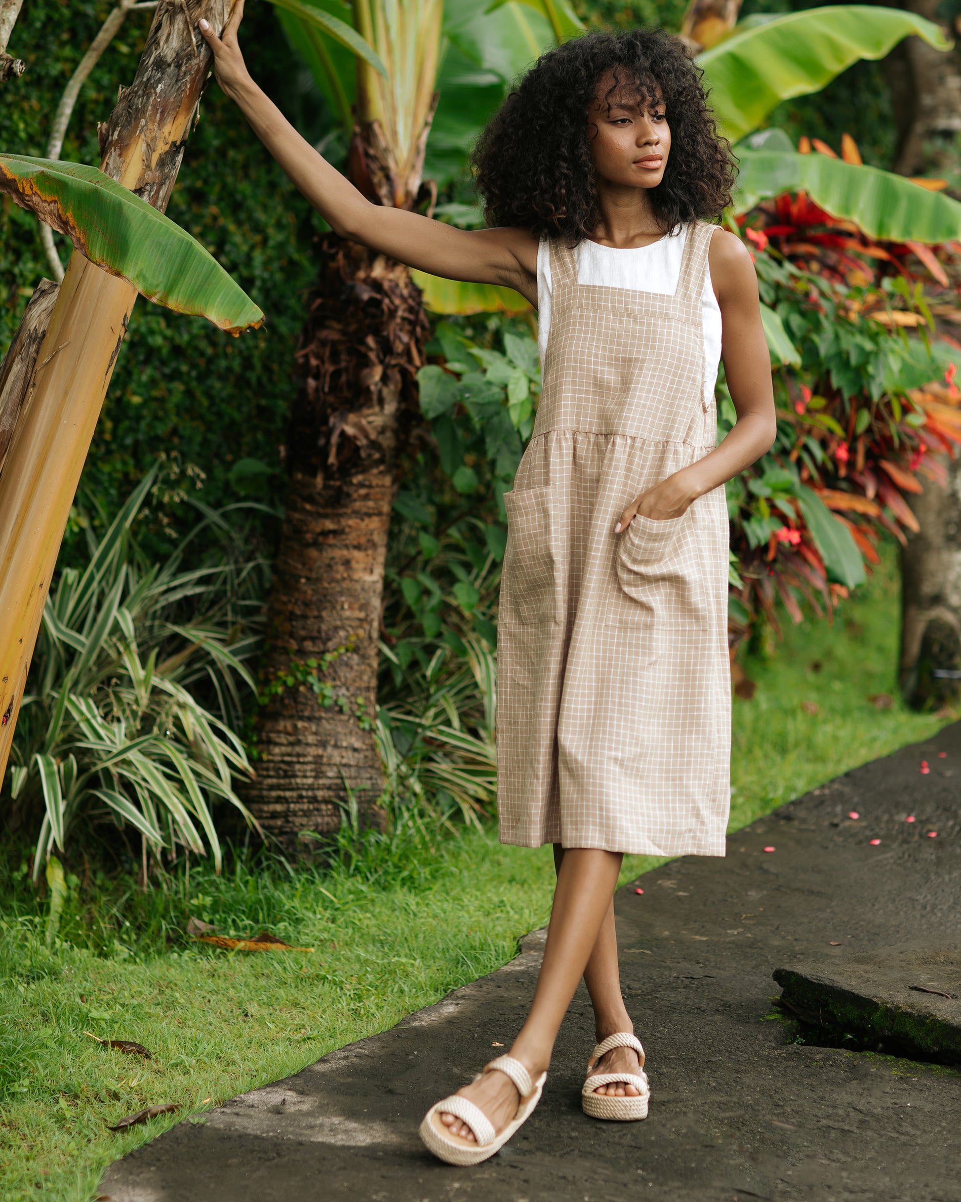 Pinafore Linen Dress Roatan in Brown Windowpane | MagicLinen S Pinafore Linen Dress Roatan in Brown Windowpane | MagicLinen S