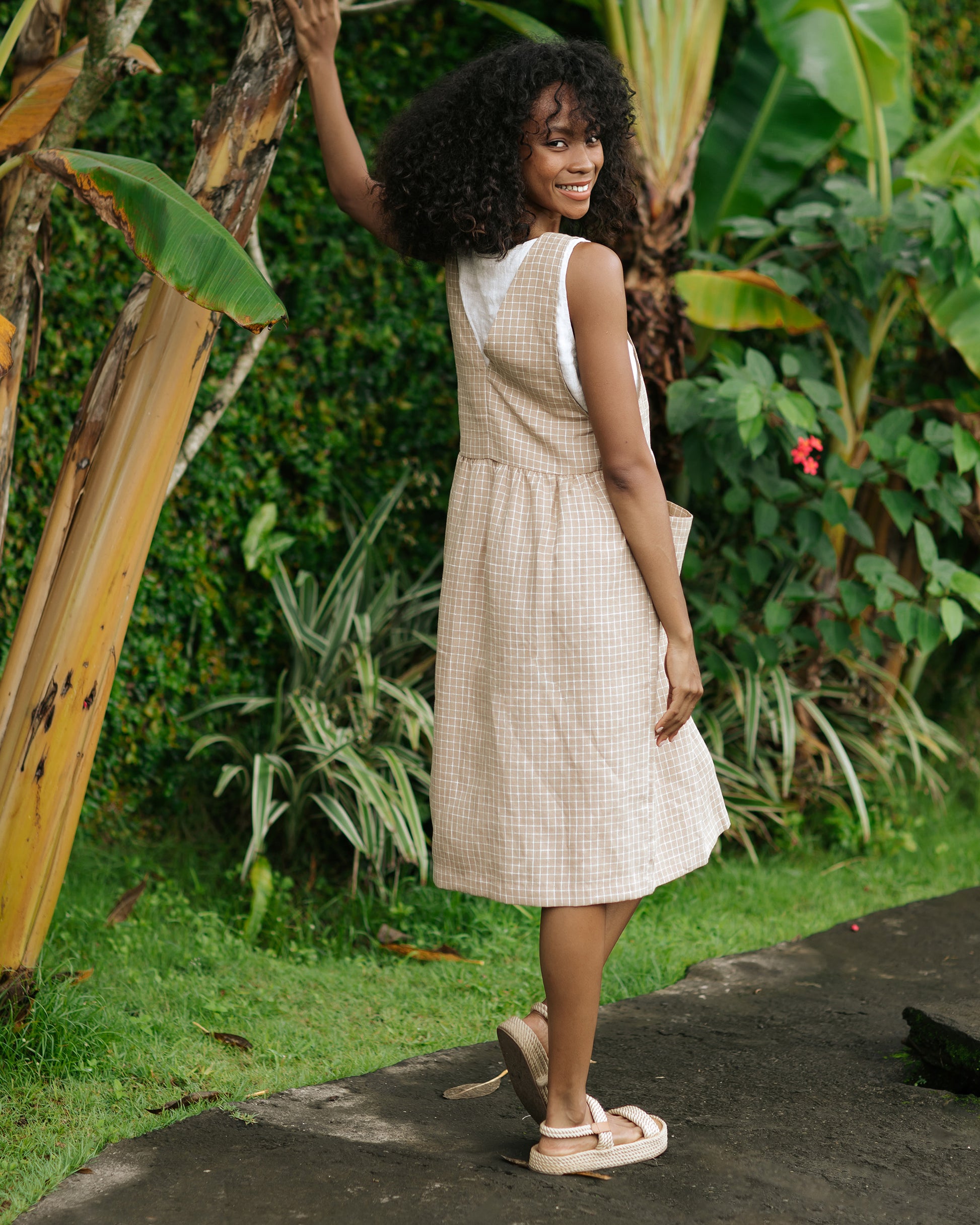 Pinafore Linen Dress Roatan in Brown Windowpane | MagicLinen S Pinafore Linen Dress Roatan in Brown Windowpane | MagicLinen S