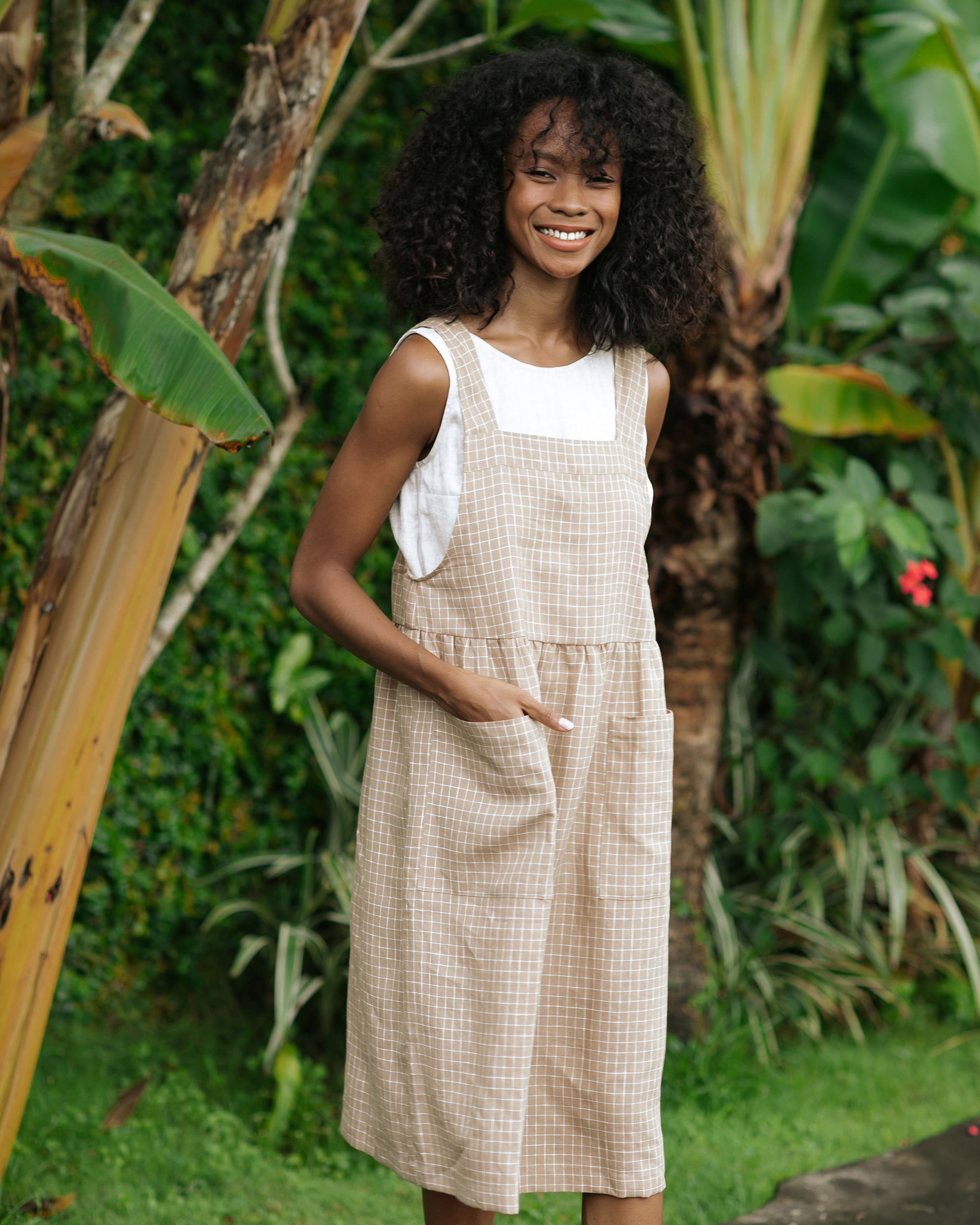 Pinafore Linen Dress Roatan in Brown Windowpane | MagicLinen S Pinafore Linen Dress Roatan in Brown Windowpane | MagicLinen S