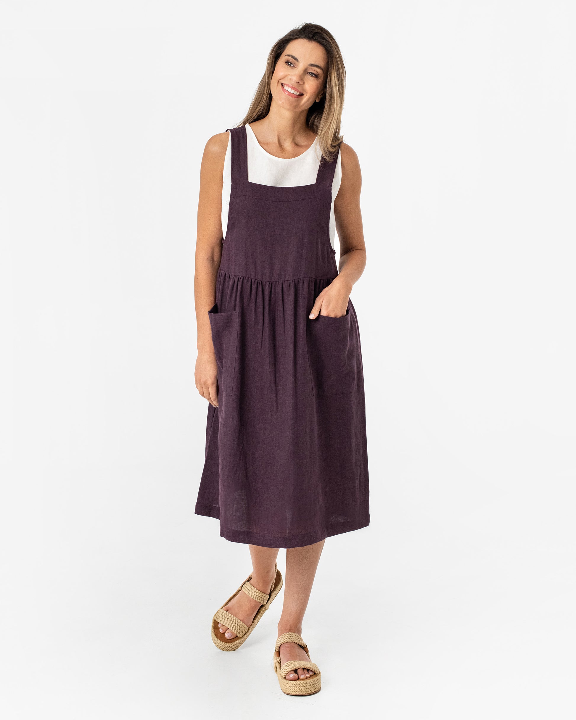 Pinafore Linen Dress ROATAN in Dark Purple | MagicLinen