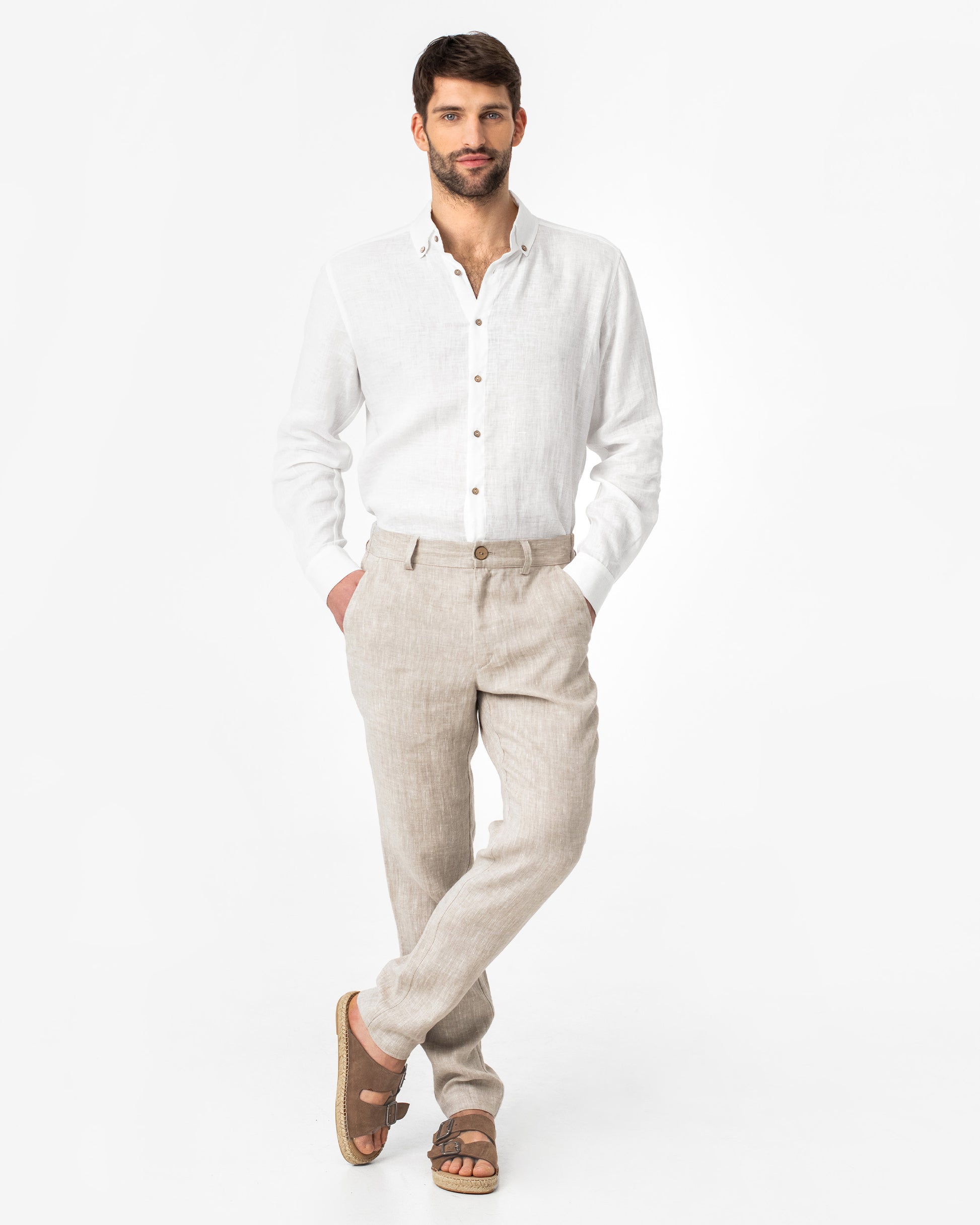 Natural Linen Men Shirt With Coconut Husk Buttons , Linen Color