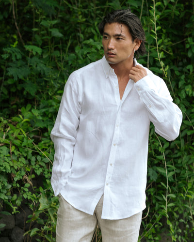 Pure French Linen Long Sleeve Shirt - White - Long Sleeve Shirts