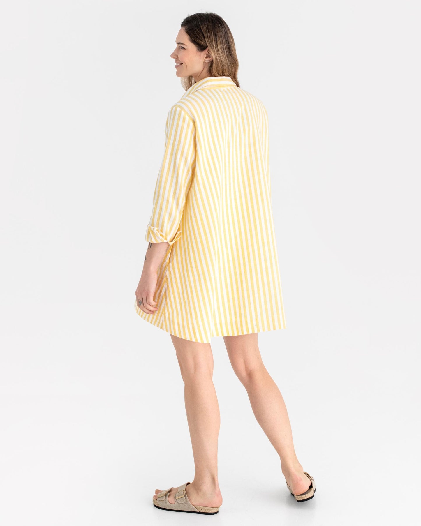 Long linen shirt WANAKA in Yellow stripes - MagicLinen