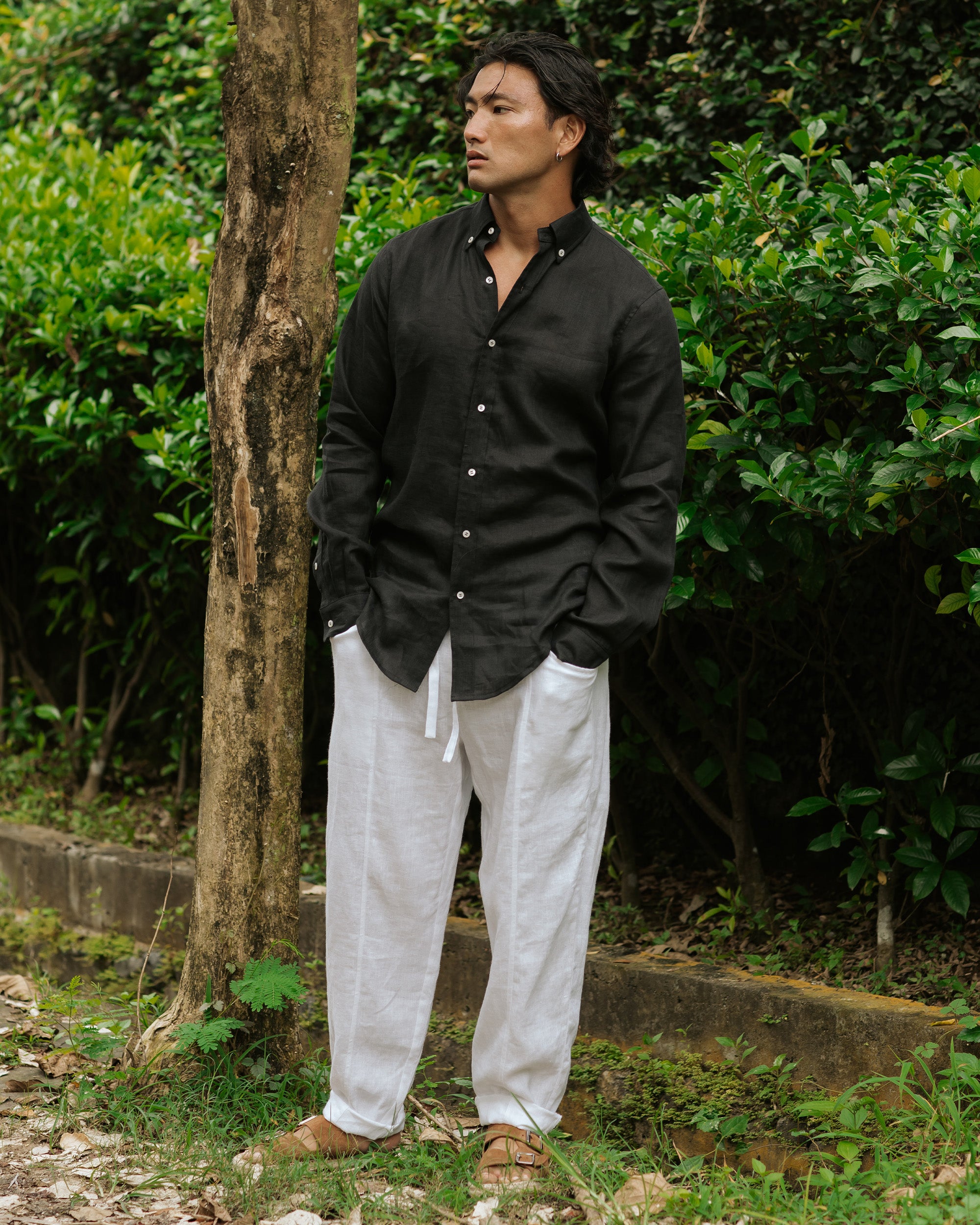 メンズ Makishima black lenis linen by Algernon