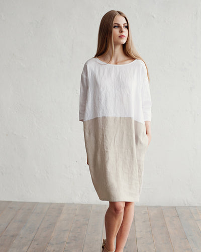 Color-block linen dress ADRIA in white-natural - MagicLinen