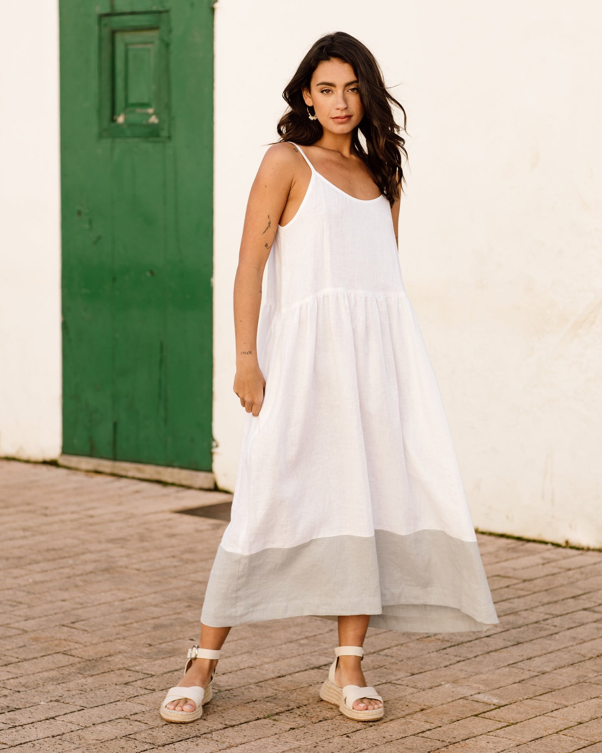 Adria Linen Dress White-Natural Colour Block
