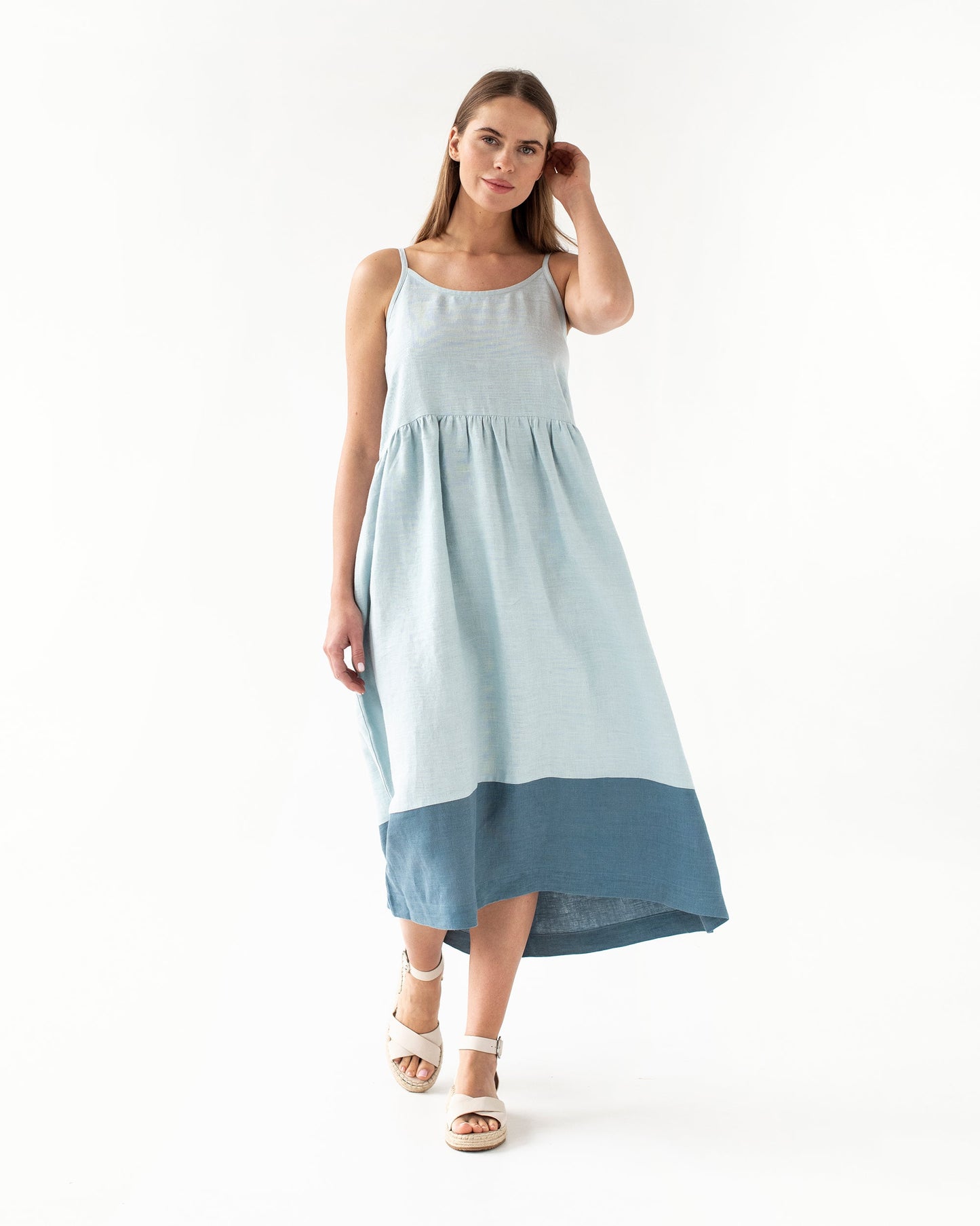 Color-block linen dress CETARA dusty blue