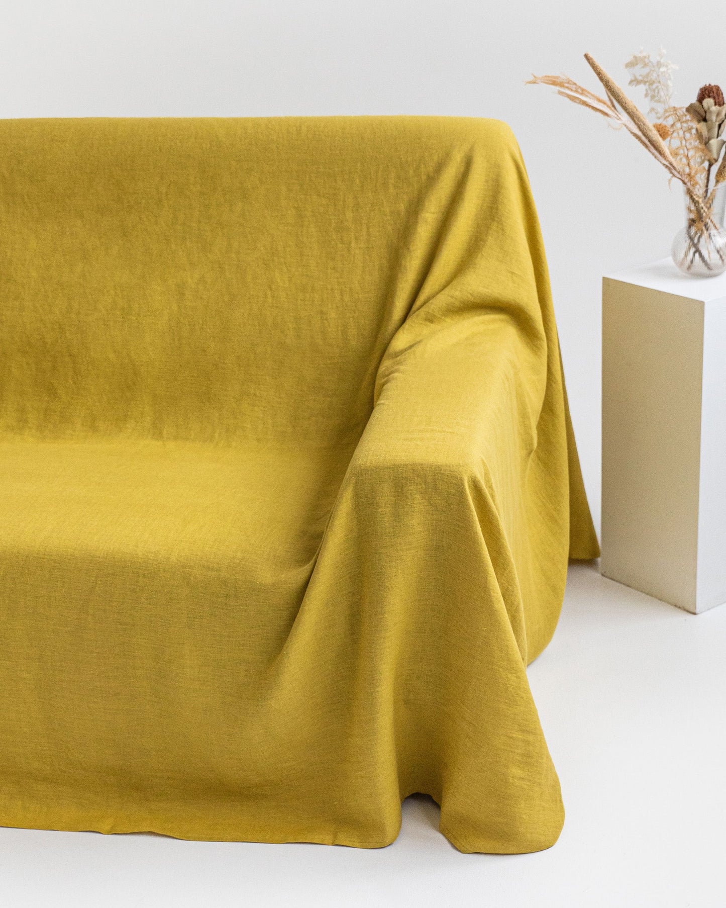 Custom size linen couch cover in Moss yellow - MagicLinen