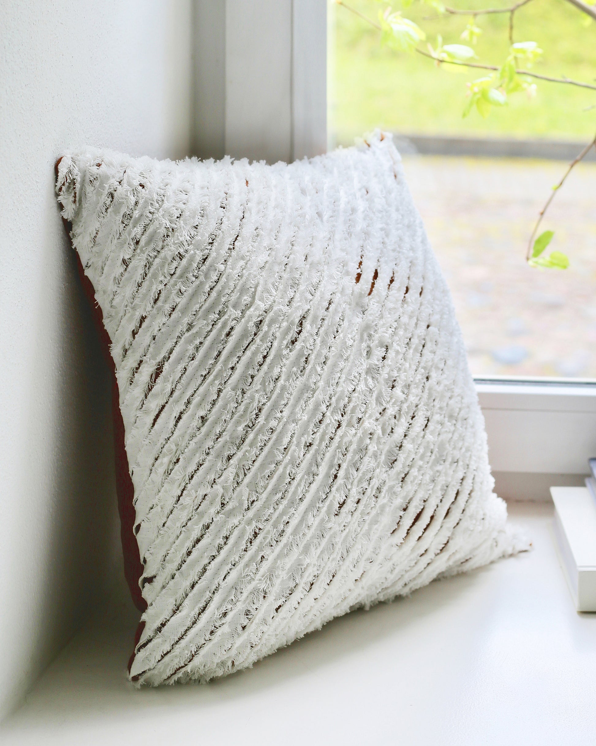 Decorative linen pillow cover with striped fabric in White & Cinnamon - MagicLinen