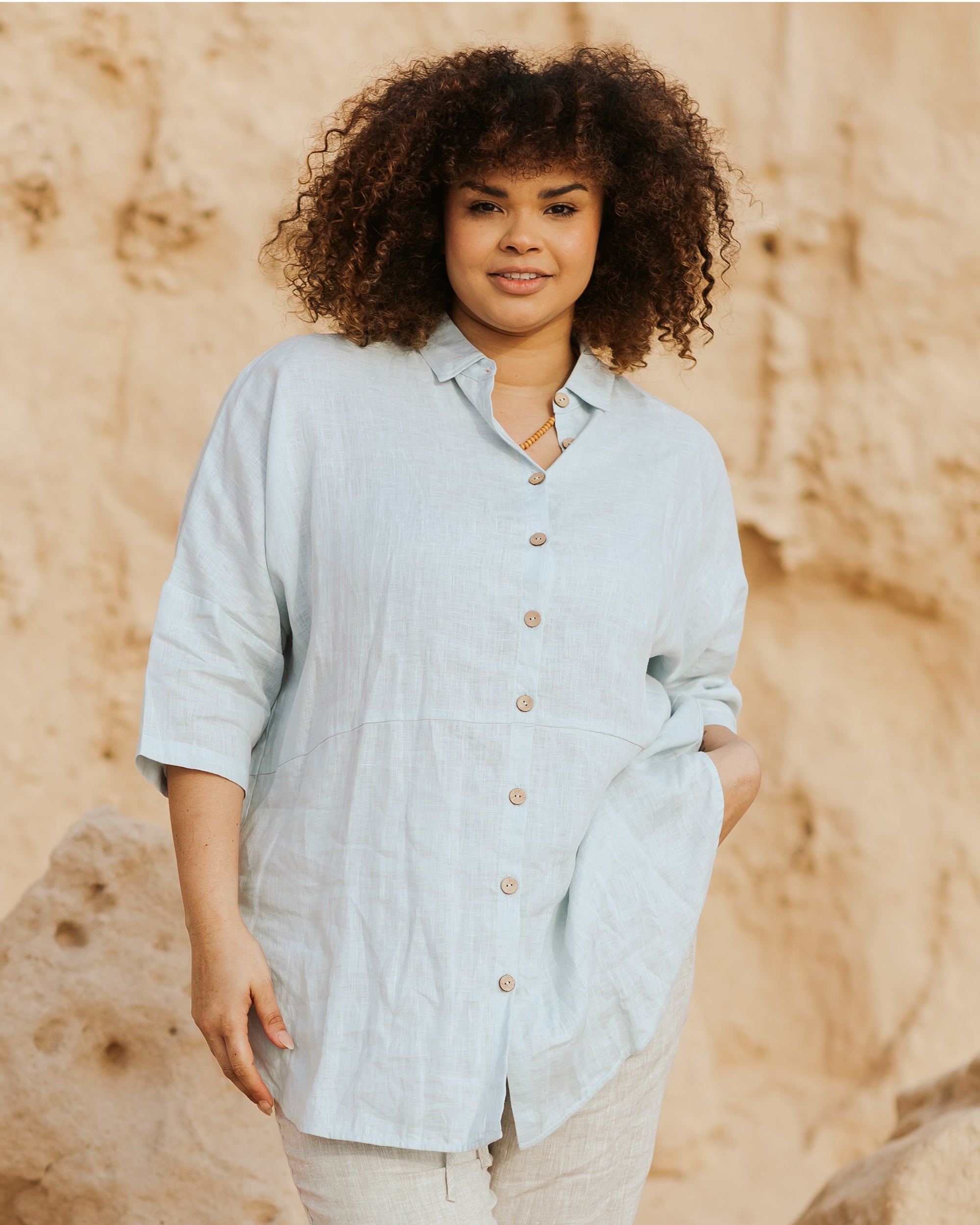 Flowing linen tunic-shirt SANIBEL in dusty blue