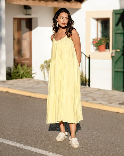 Flowy midi linen dress PRASLIN in bright yellow - MagicLinen