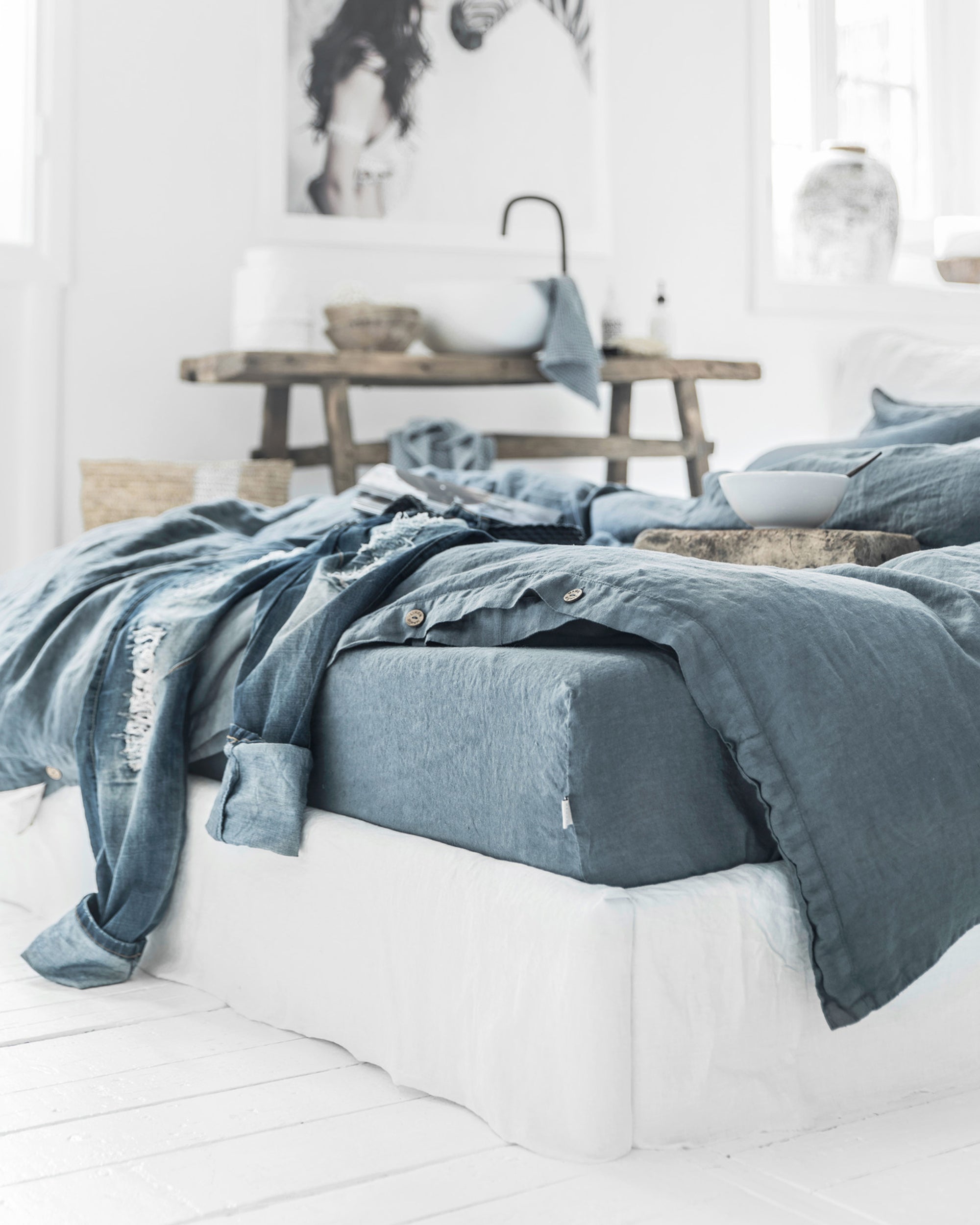 Magic good Linen - Striped in Blue Melange Linen Fitted Sheet